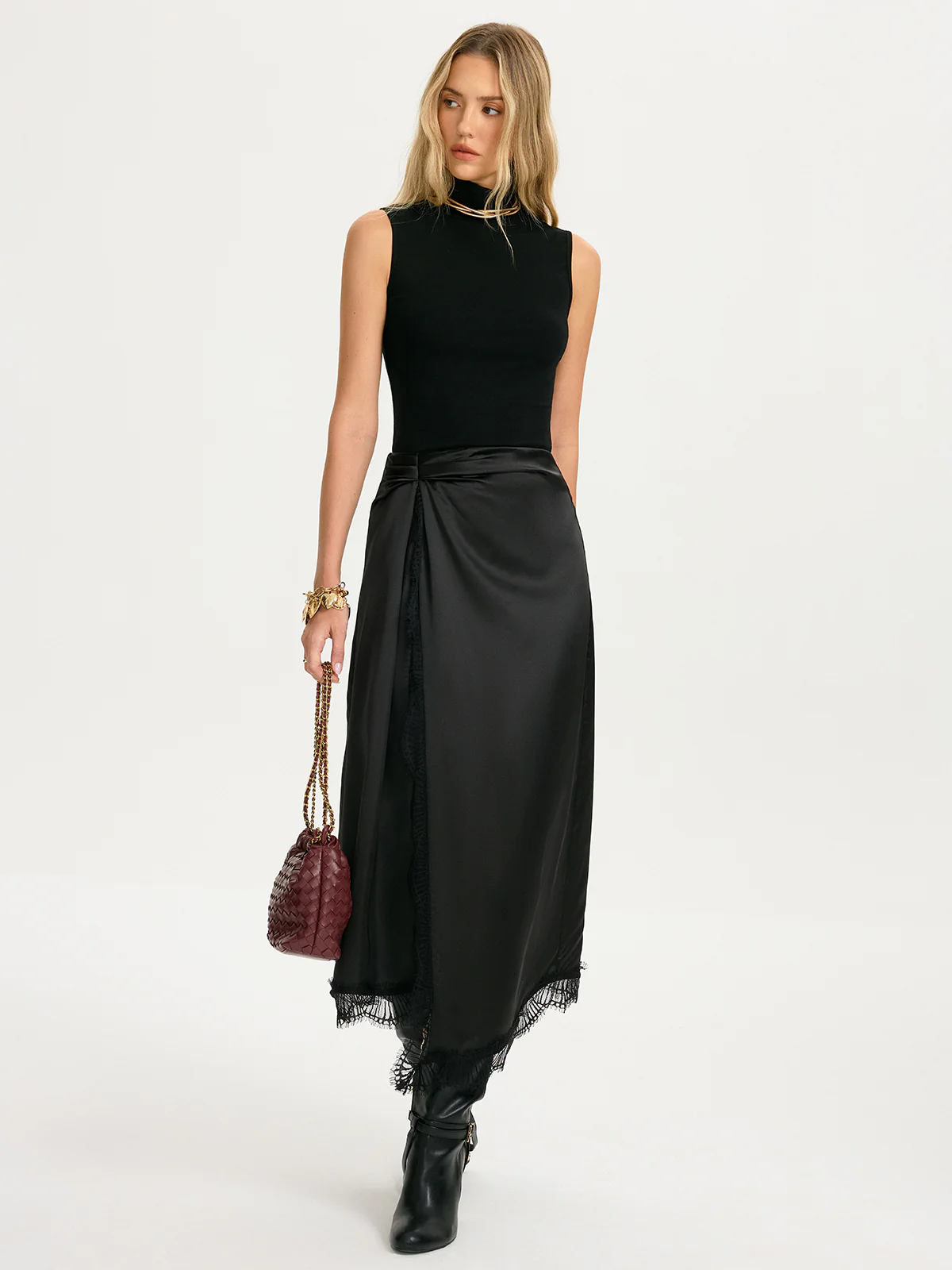 Sleeveless Top & Lace-Trim Satin Skirt Set