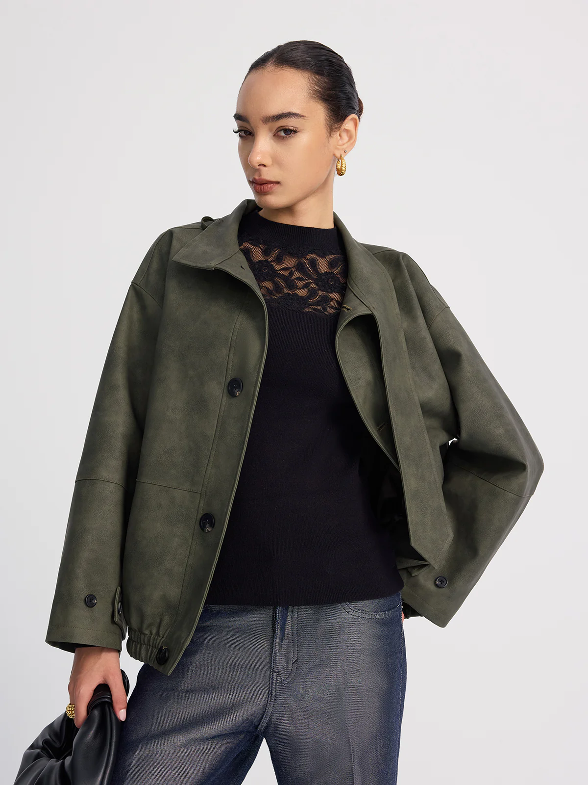 Stand-Collar Oversized Faux Suede Jacket - Image 4