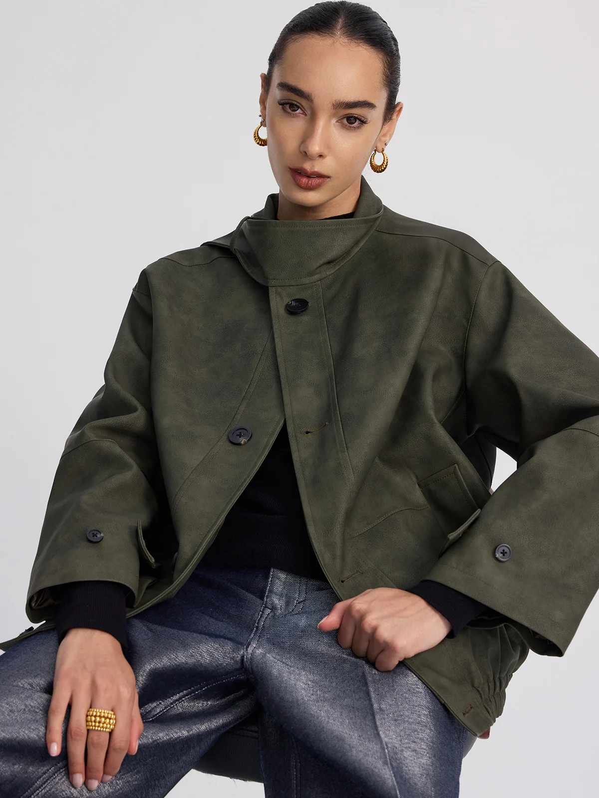 Stand-Collar Oversized Faux Suede Jacket - Image 5