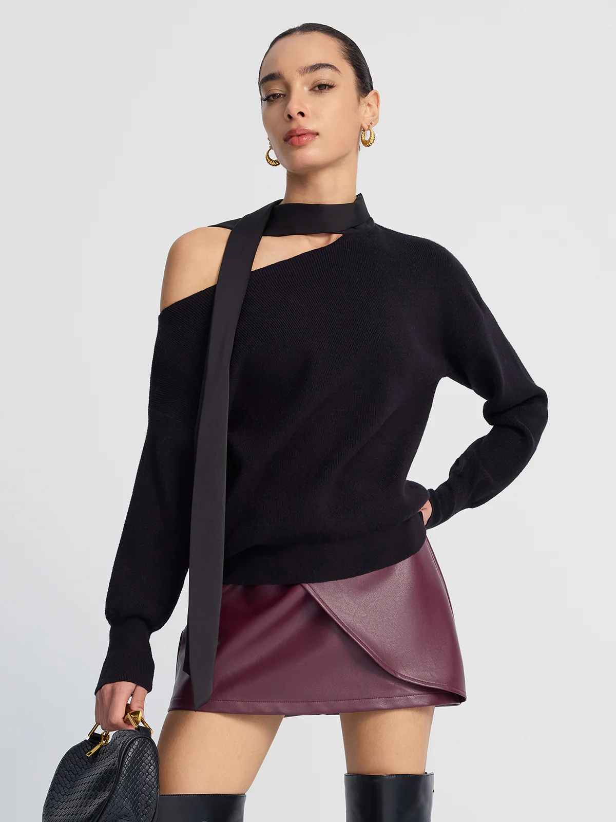 Tie-Detail Cold-Shoulder Knit Sweater