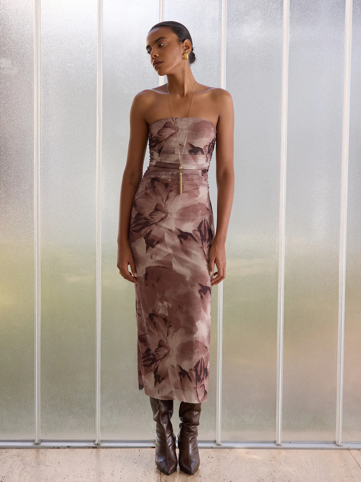 Tie-Dye Print Slit Strapless Midi Dress - Image 3