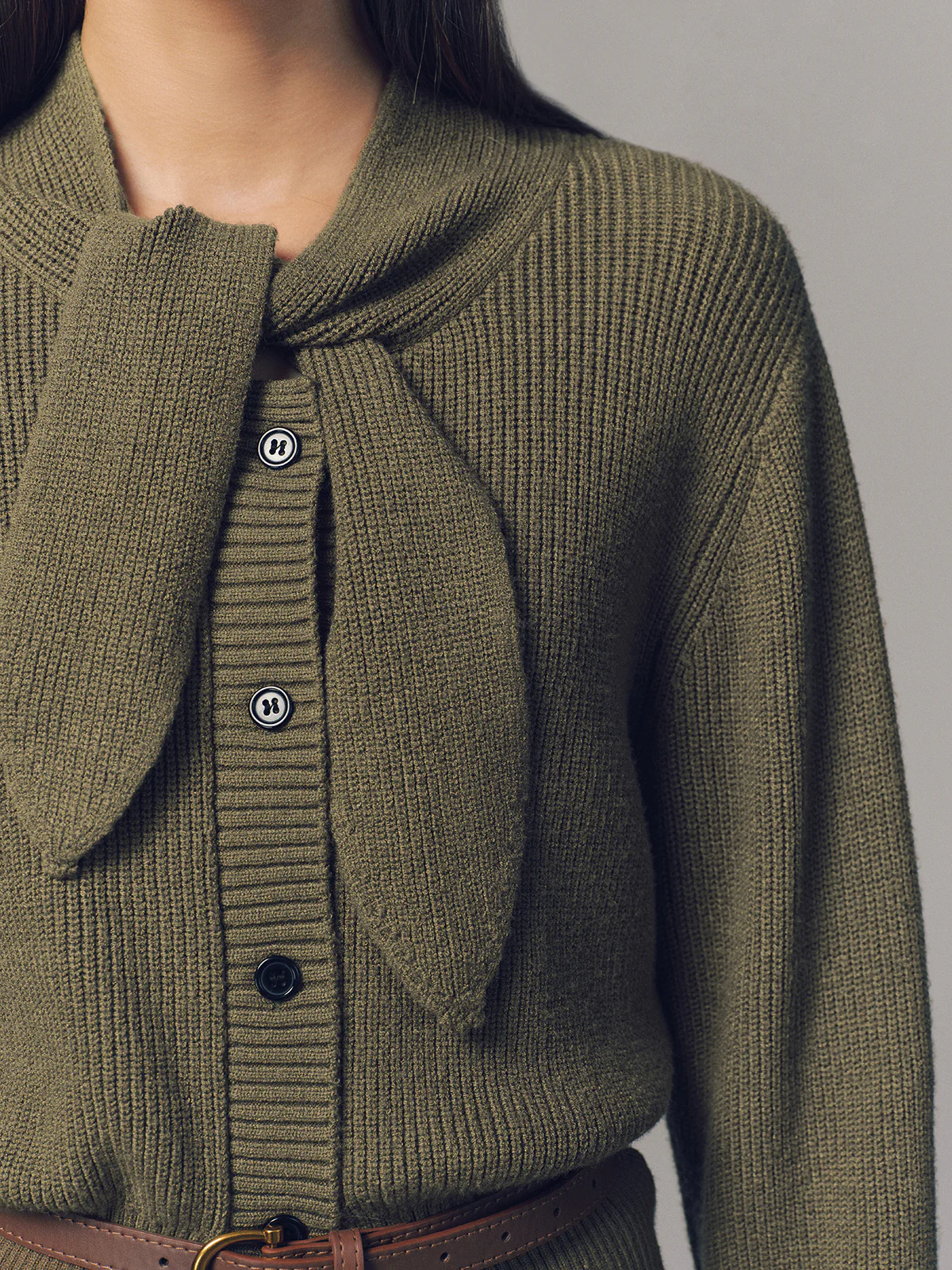 Tie Neck Belted Knit Cardigan - Image 3