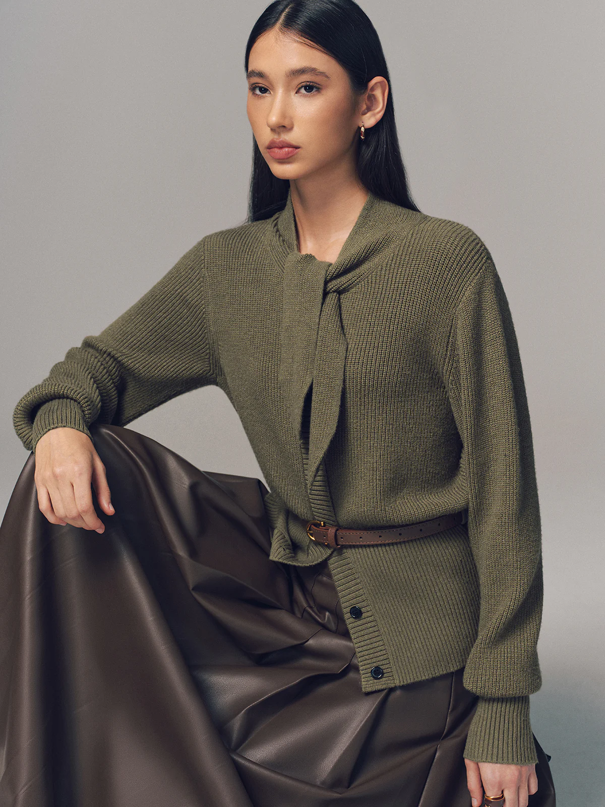 Tie Neck Belted Knit Cardigan - Image 5