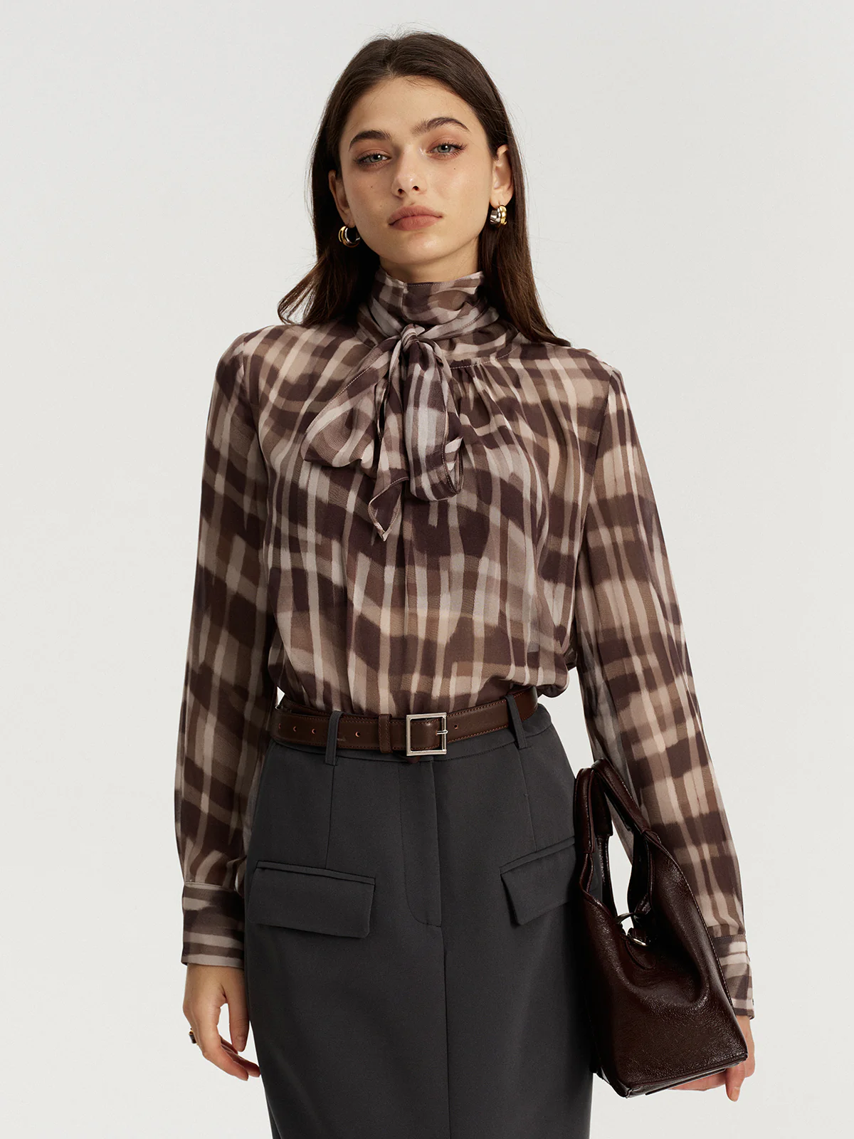 Tie Neck Plaid Semi-Sheer Chiffon Blouse - Image 3
