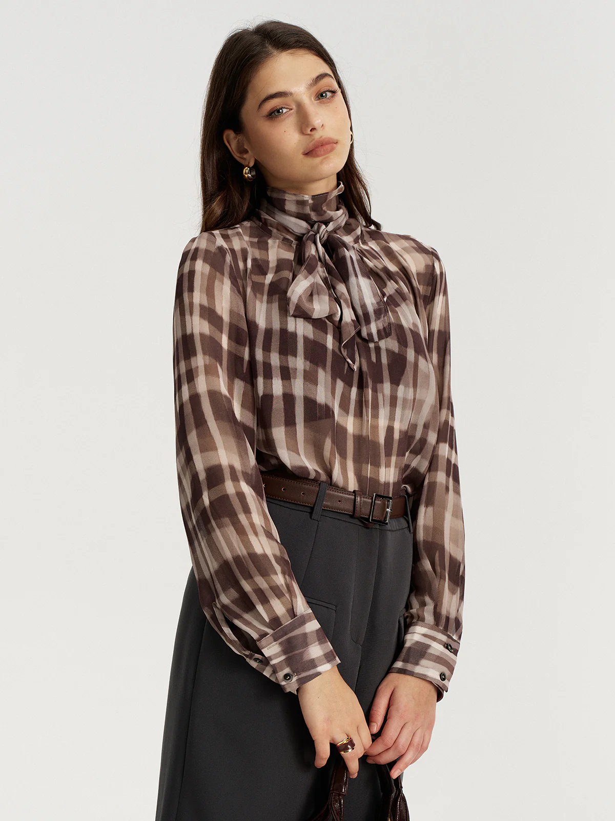 Tie Neck Plaid Semi-Sheer Chiffon Blouse - Image 5