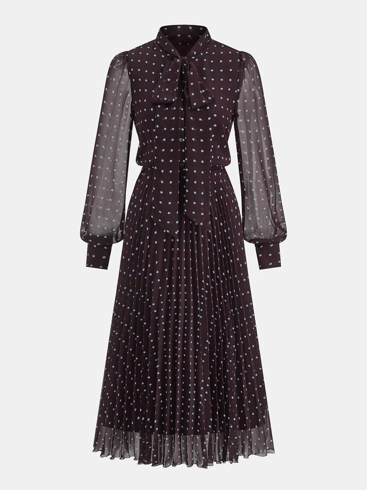 Tie-Neck Pleated Polka Dot Chiffon Maxi Dress - Image 2
