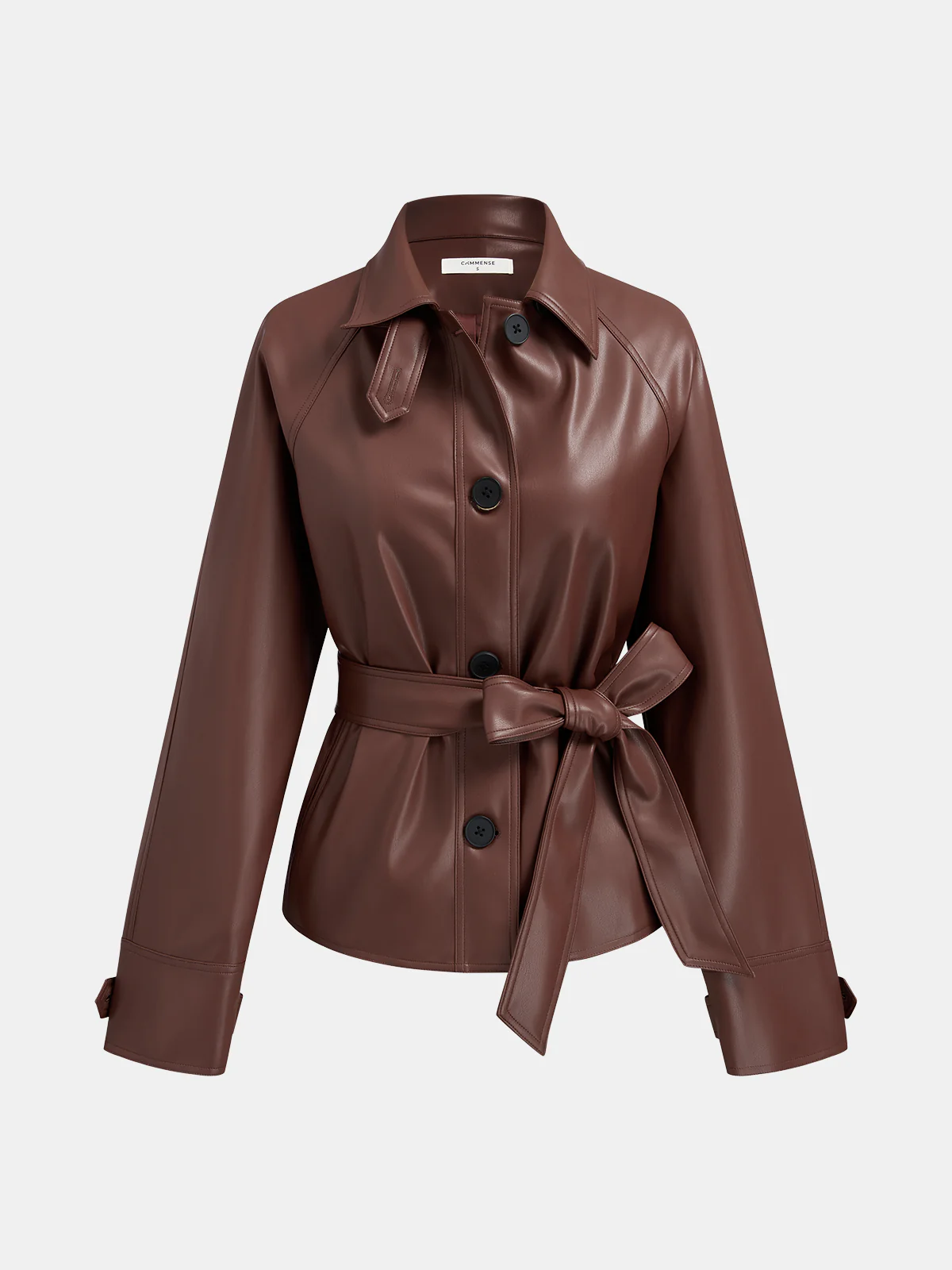 Tie Waist Collared Faux Leather Jacket