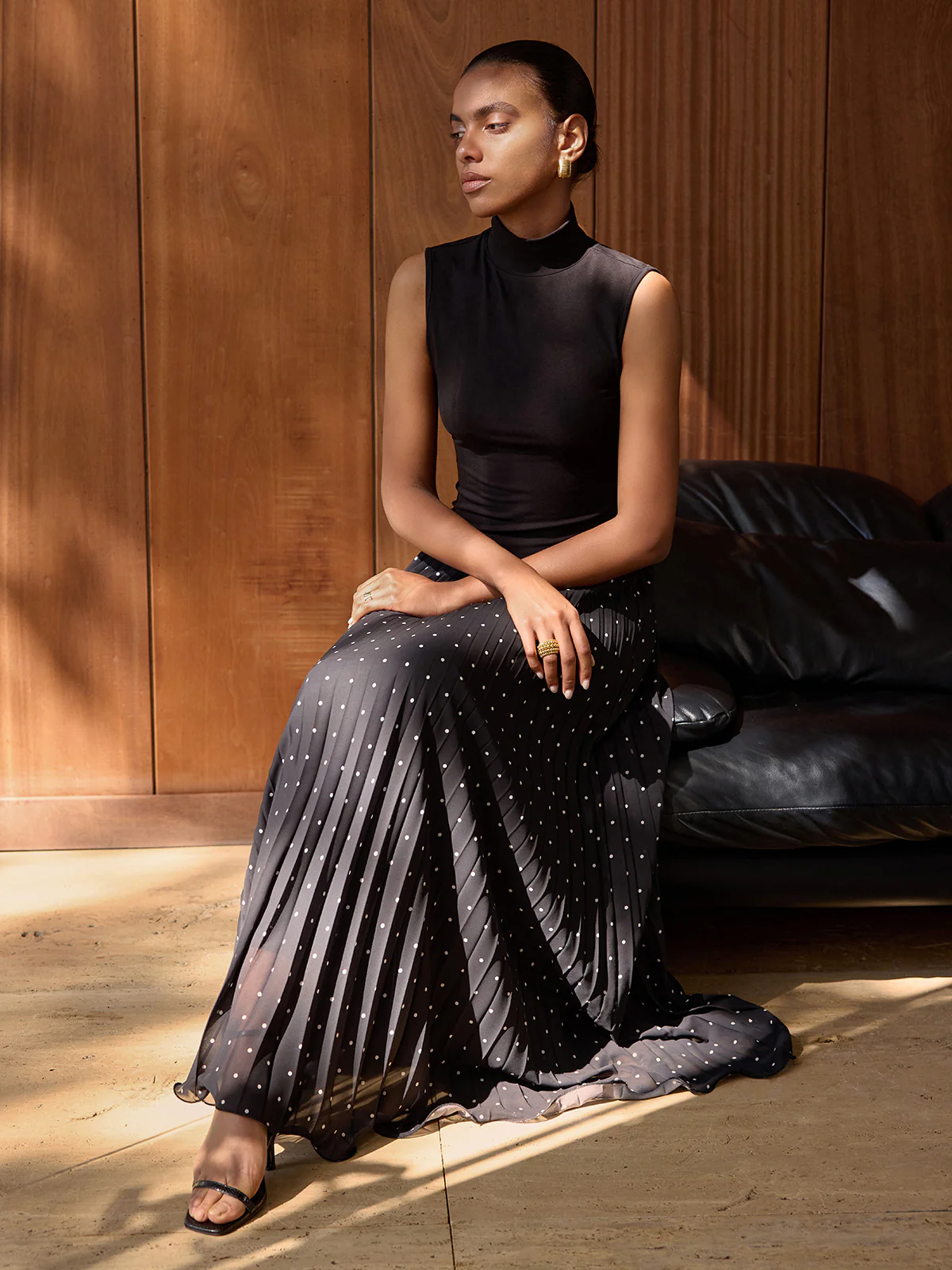 Turtleneck Polka-Dot Pleated Maxi Dress