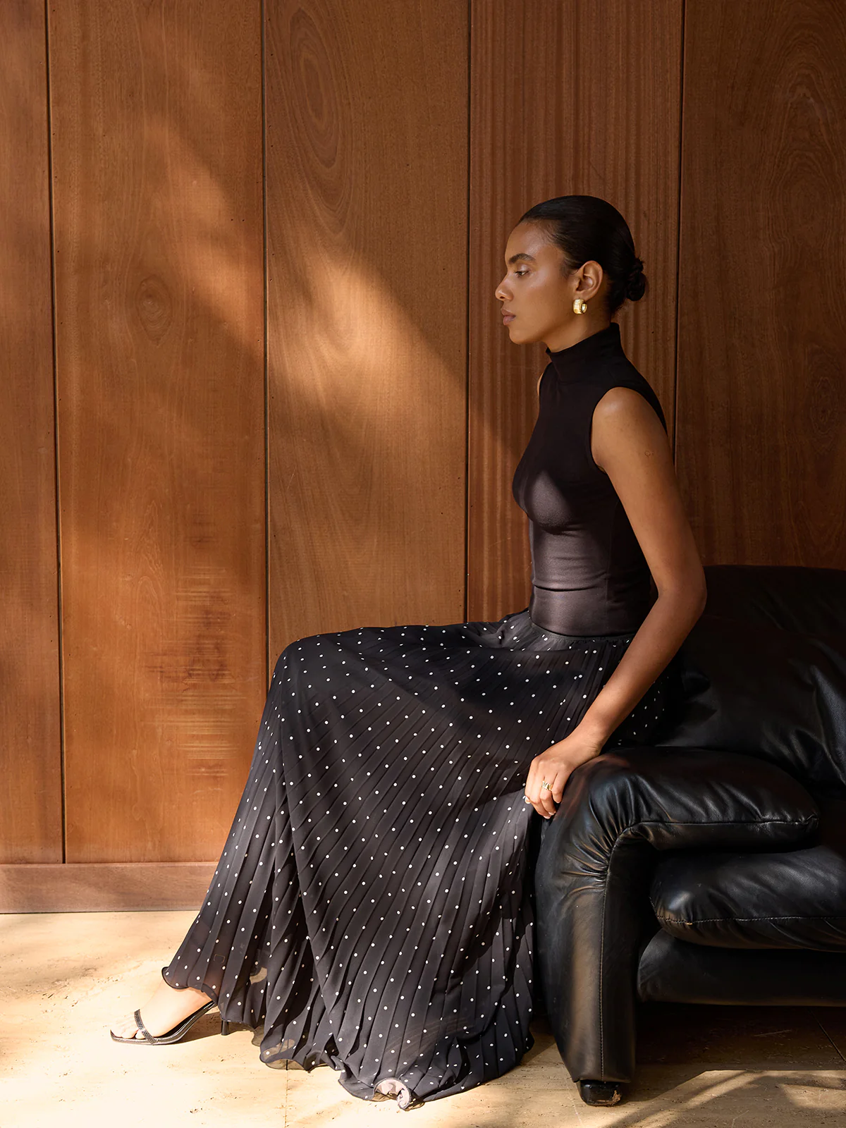 Turtleneck Polka-Dot Pleated Maxi Dress - Image 3
