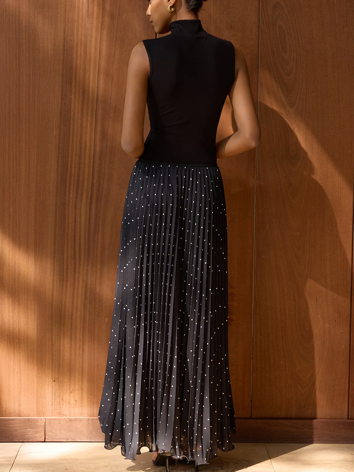 Turtleneck Polka-Dot Pleated Maxi Dress - Image 4
