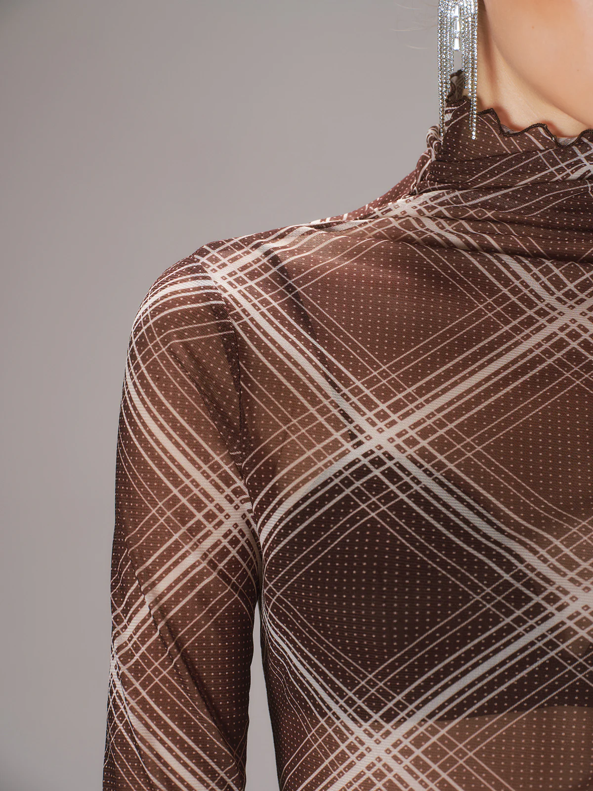 Turtleneck Sheer Mesh Plaid Long Sleeve Top - Image 4