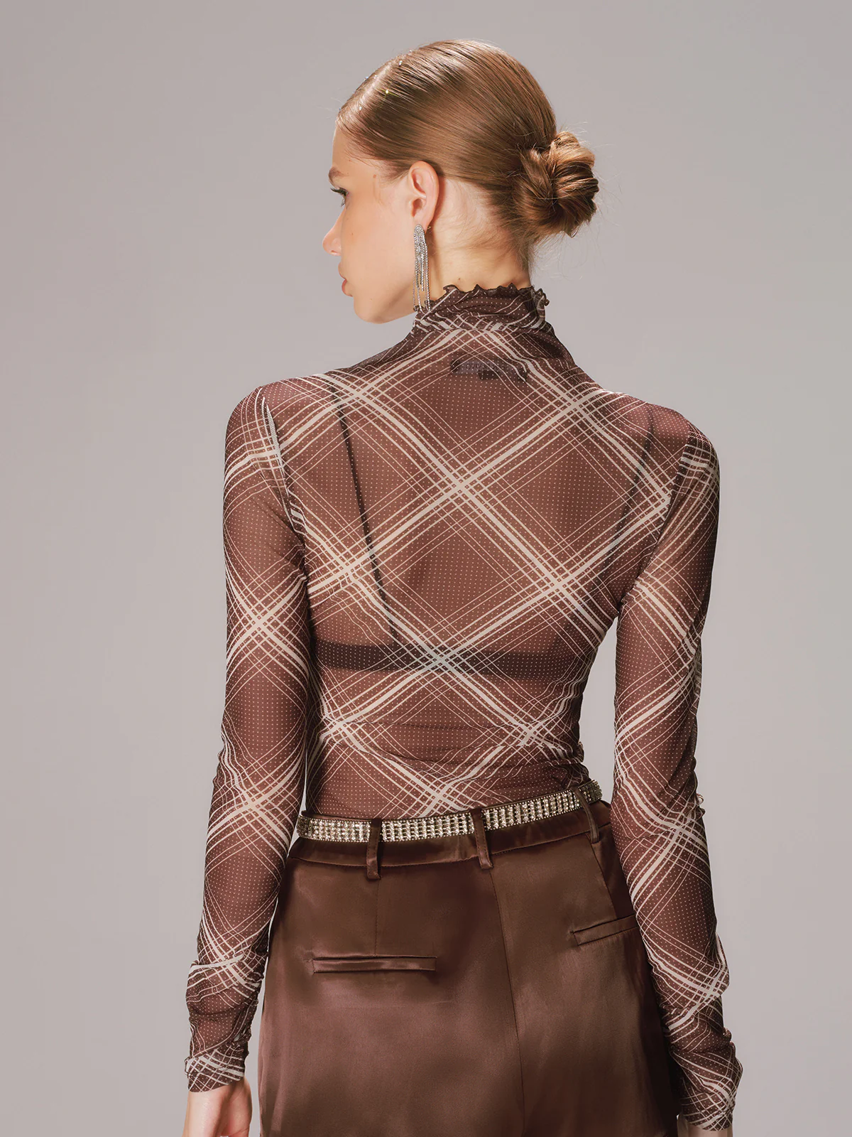Turtleneck Sheer Mesh Plaid Long Sleeve Top - Image 6