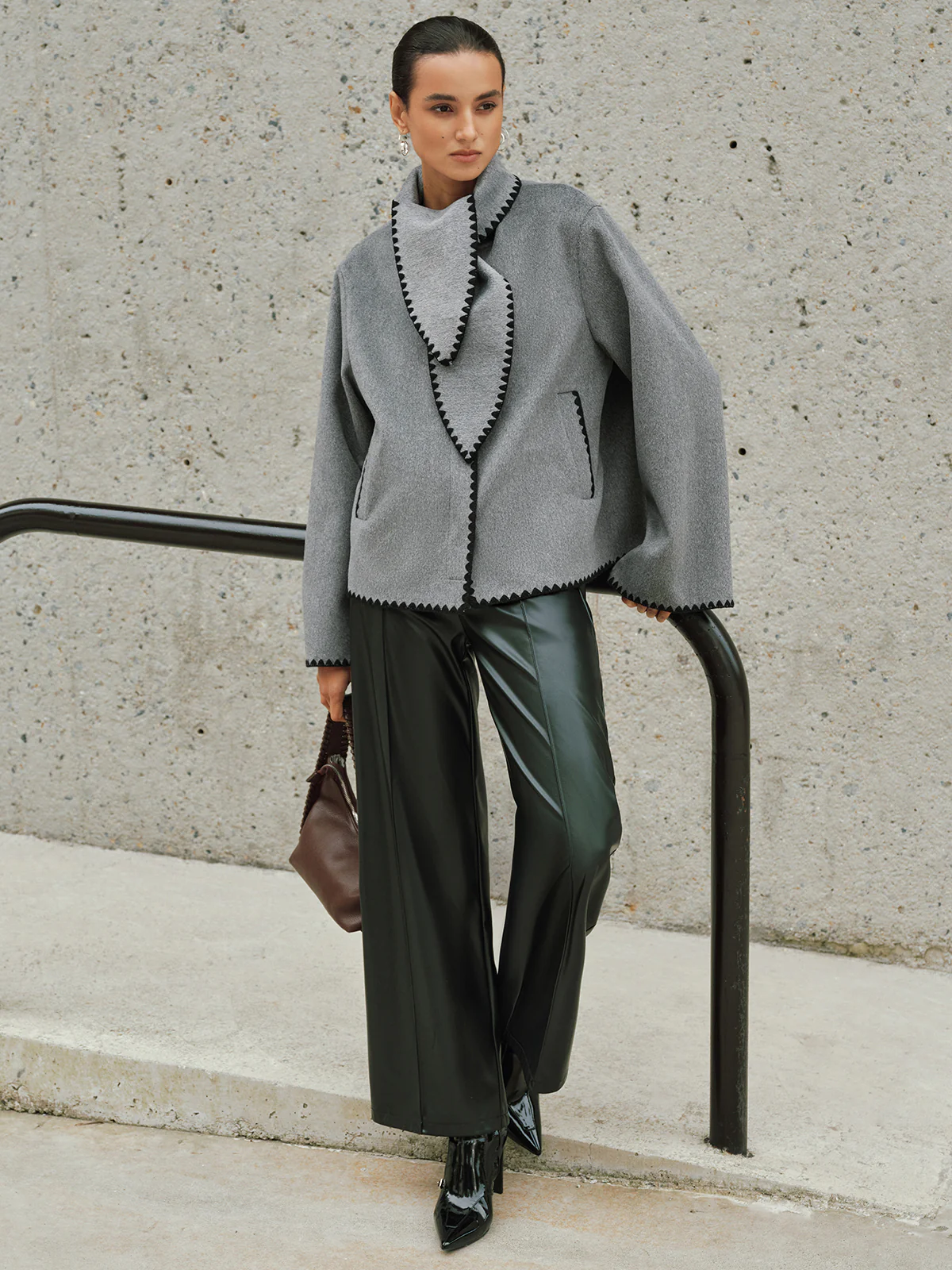 Tweed Contrast-Trim Knot-Collar Coat - Image 2