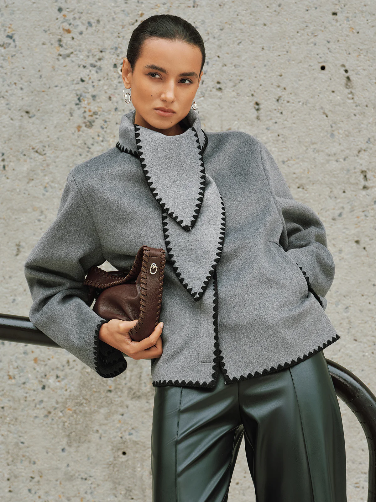 Tweed Contrast-Trim Knot-Collar Coat - Image 6