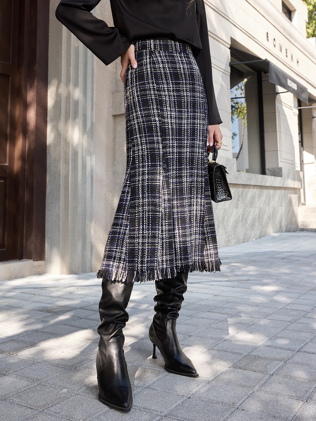 Tweed Plaid Fringe Midi Skirt - Image 3