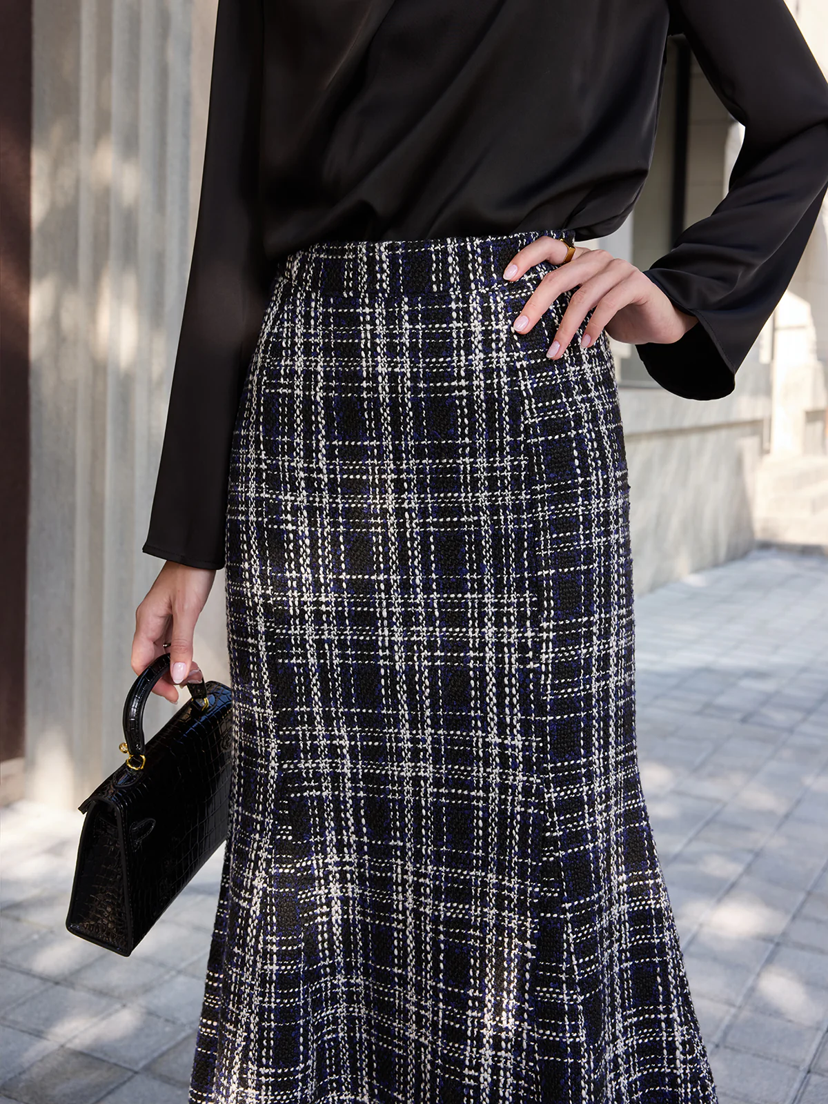 Tweed Plaid Fringe Midi Skirt - Image 4