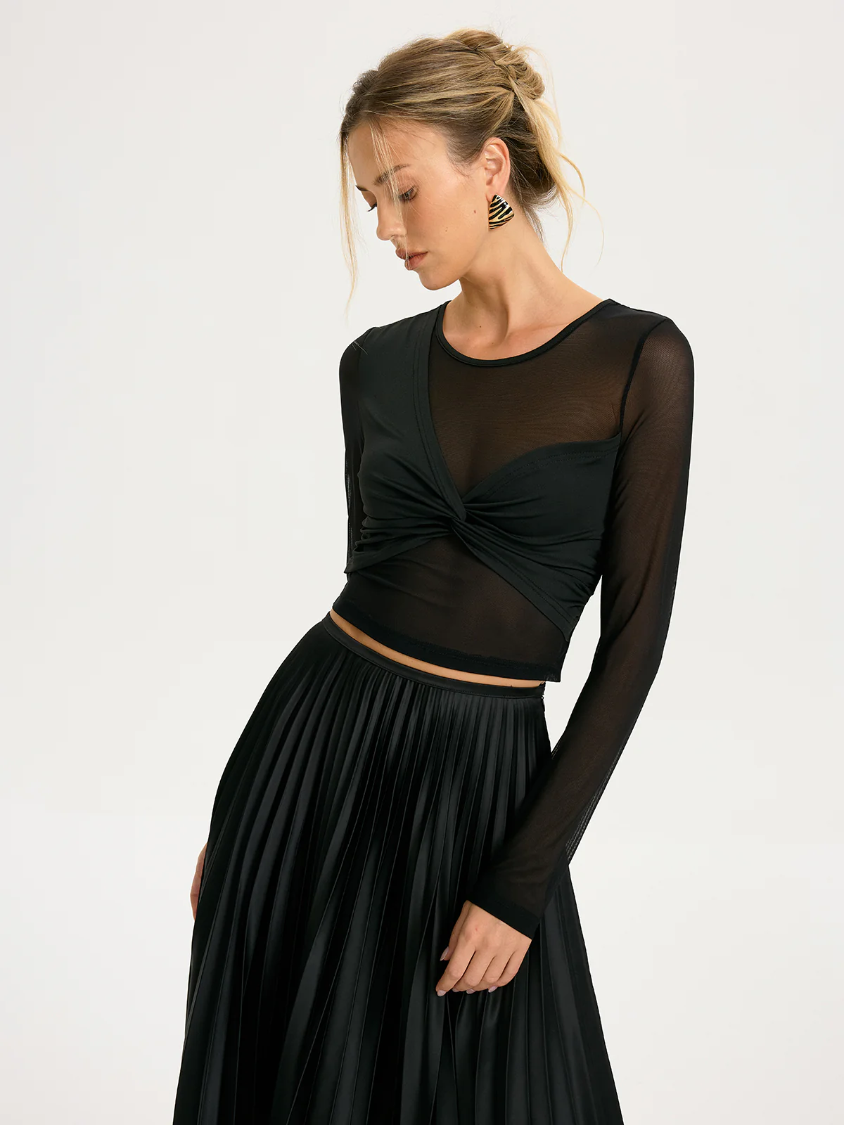 Twist-Front Sheer Mesh Long-Sleeve Top - Image 5