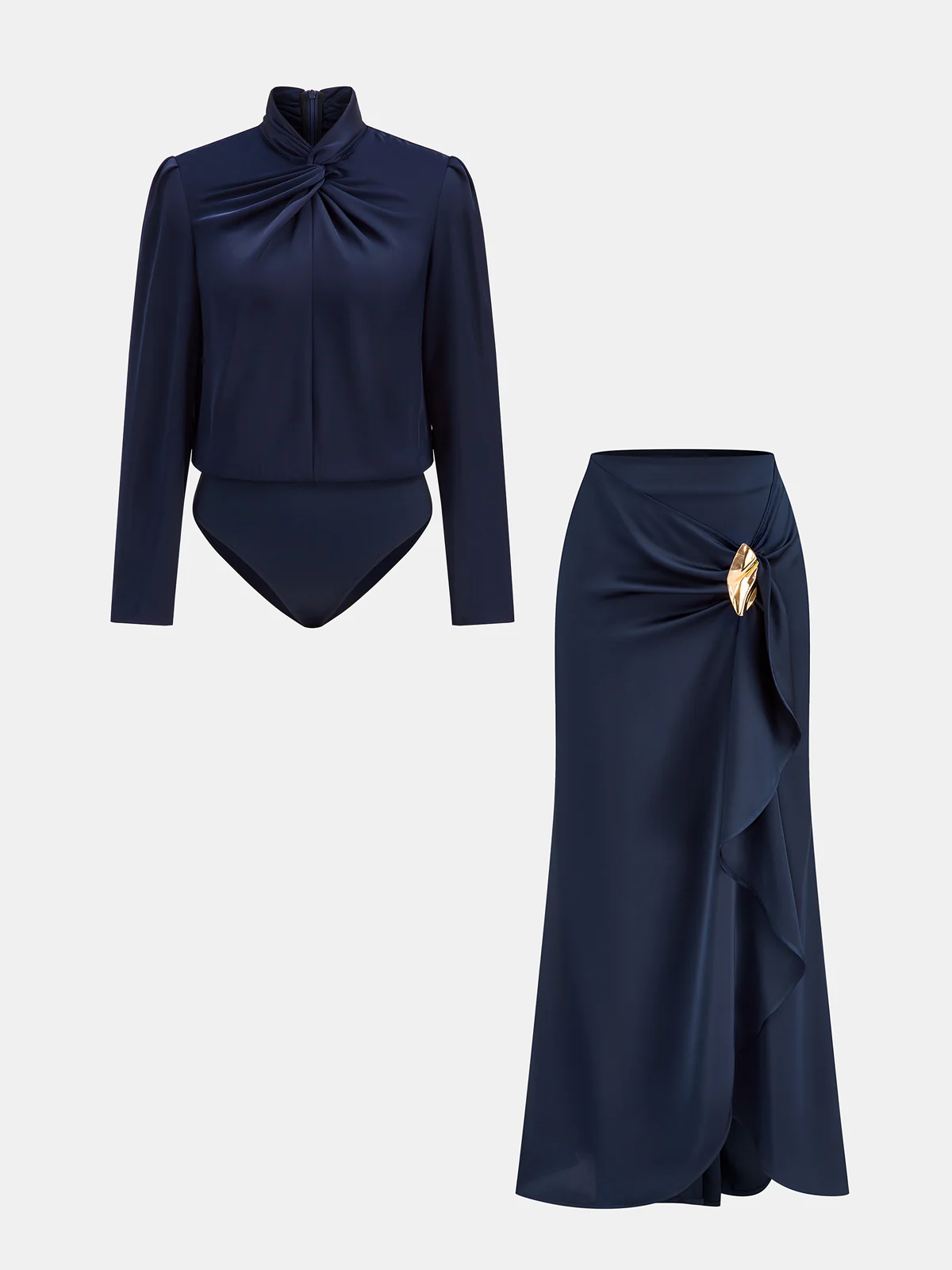 Twisted Satin Bodysuit & Ruffle Maxi Skirt Set