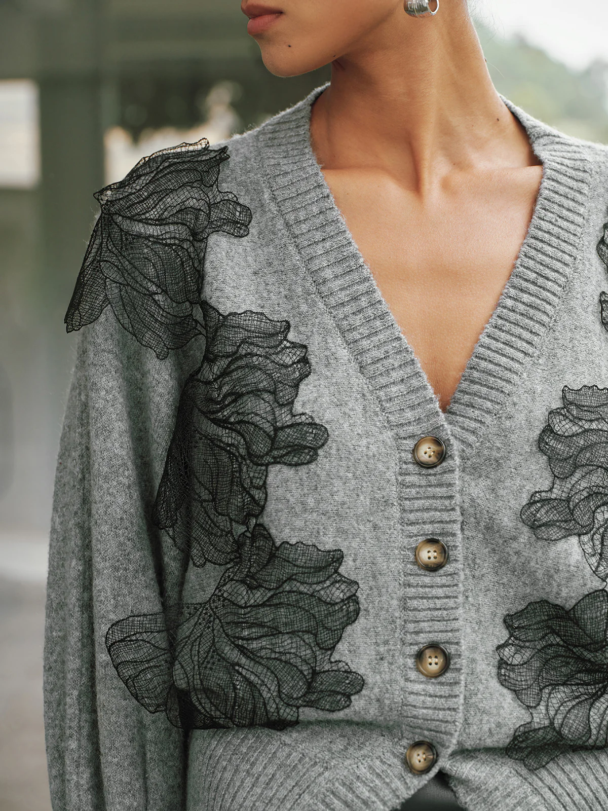 V-Neck Lace Flower Button Cardigan - Image 2