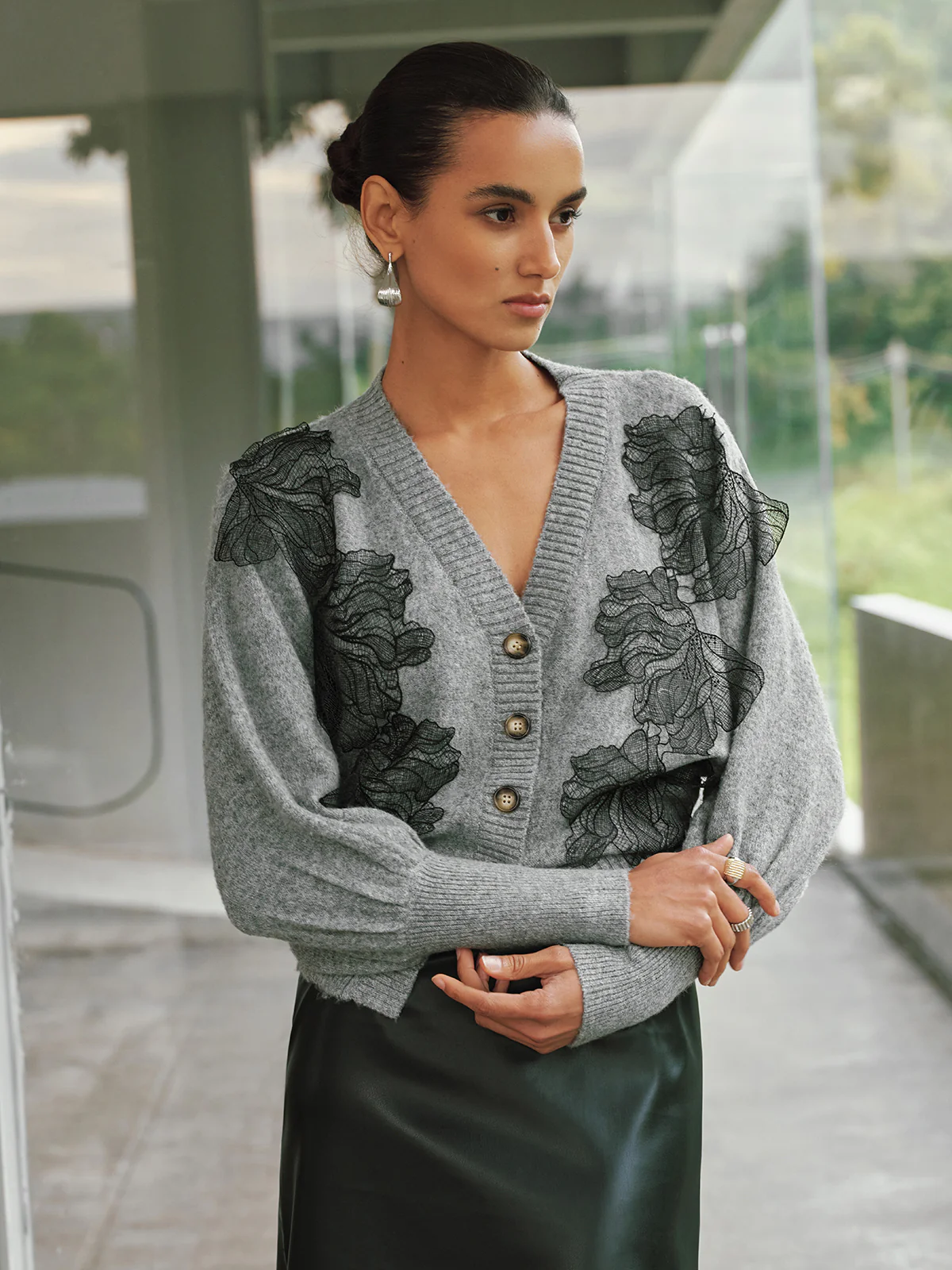 V-Neck Lace Flower Button Cardigan - Image 5