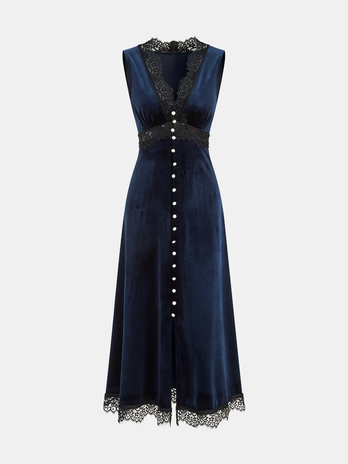 V-Neck Lace Panel Velvet Midi Dress - Image 2