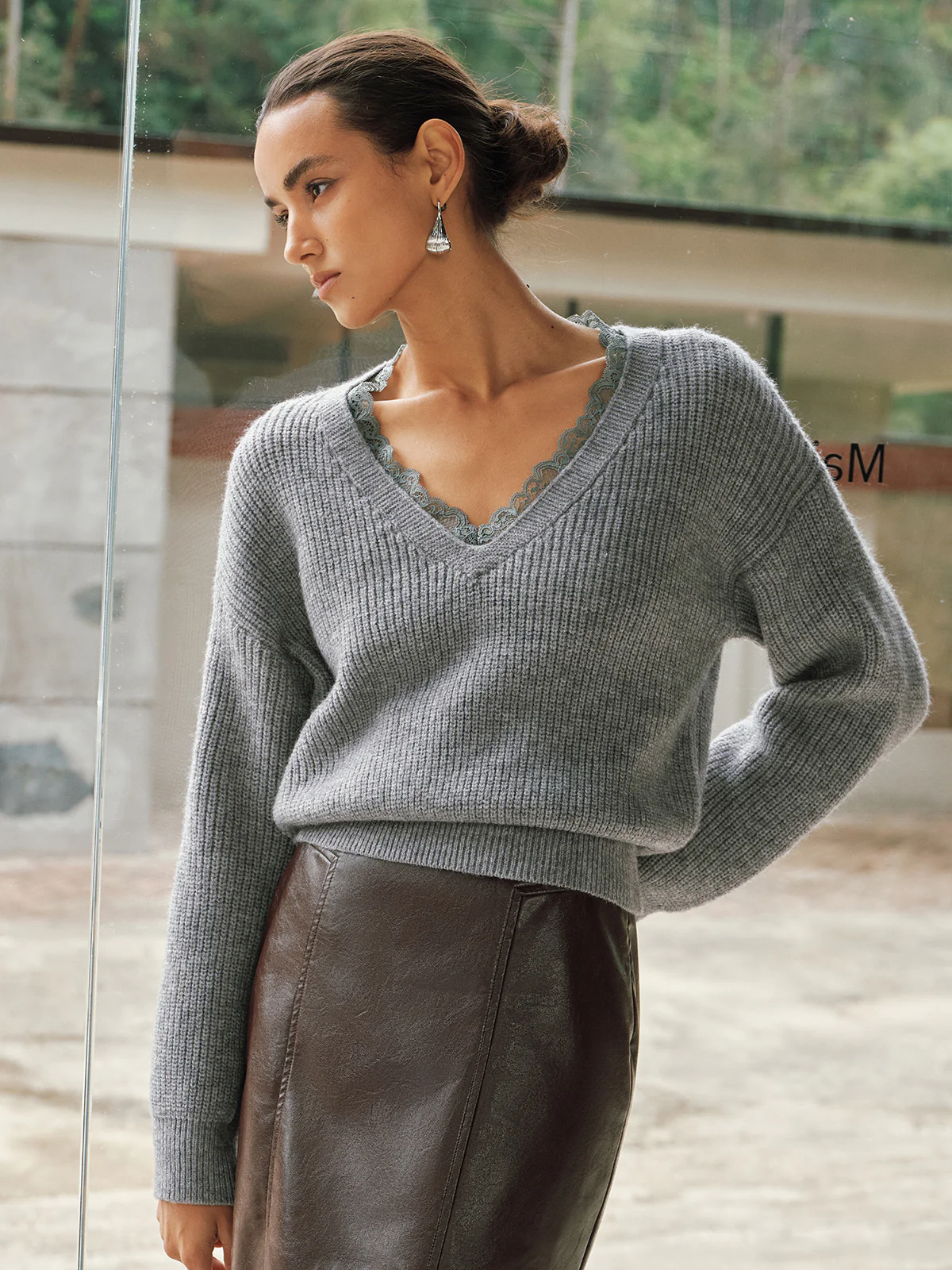 V-Neck Lace-Trim Knit Sweater - Image 2