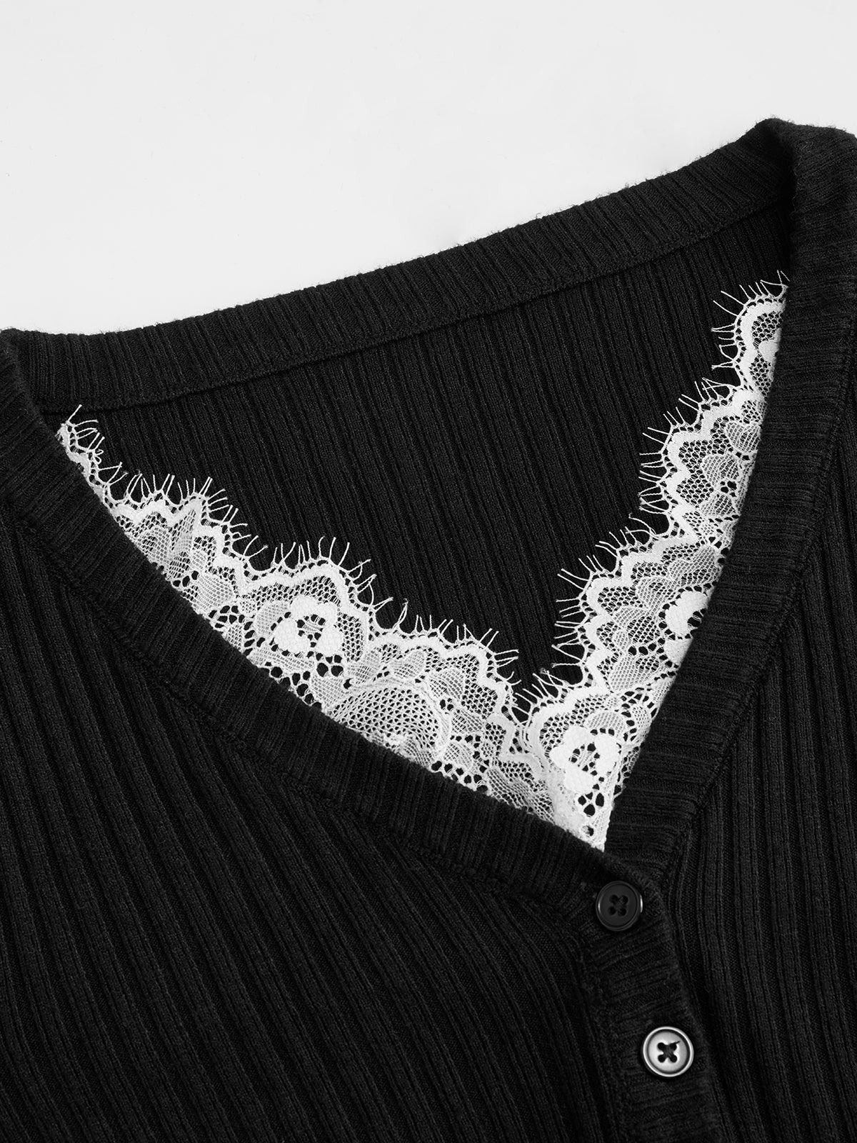 V-Neck Lace Trim Ribbed Knit Top - Image 4