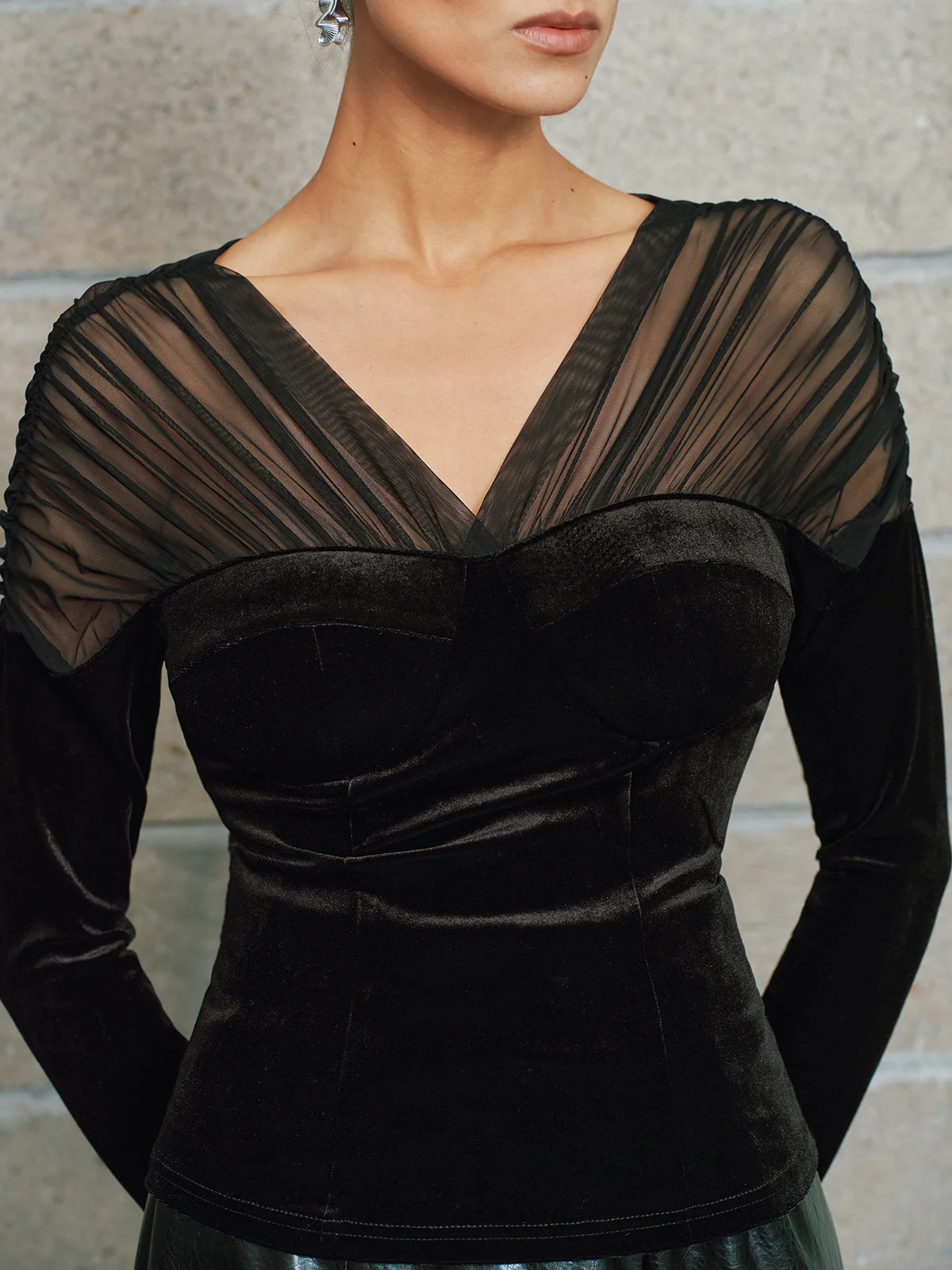 V-Neck Mesh Panel Velvet Blouse - Image 2