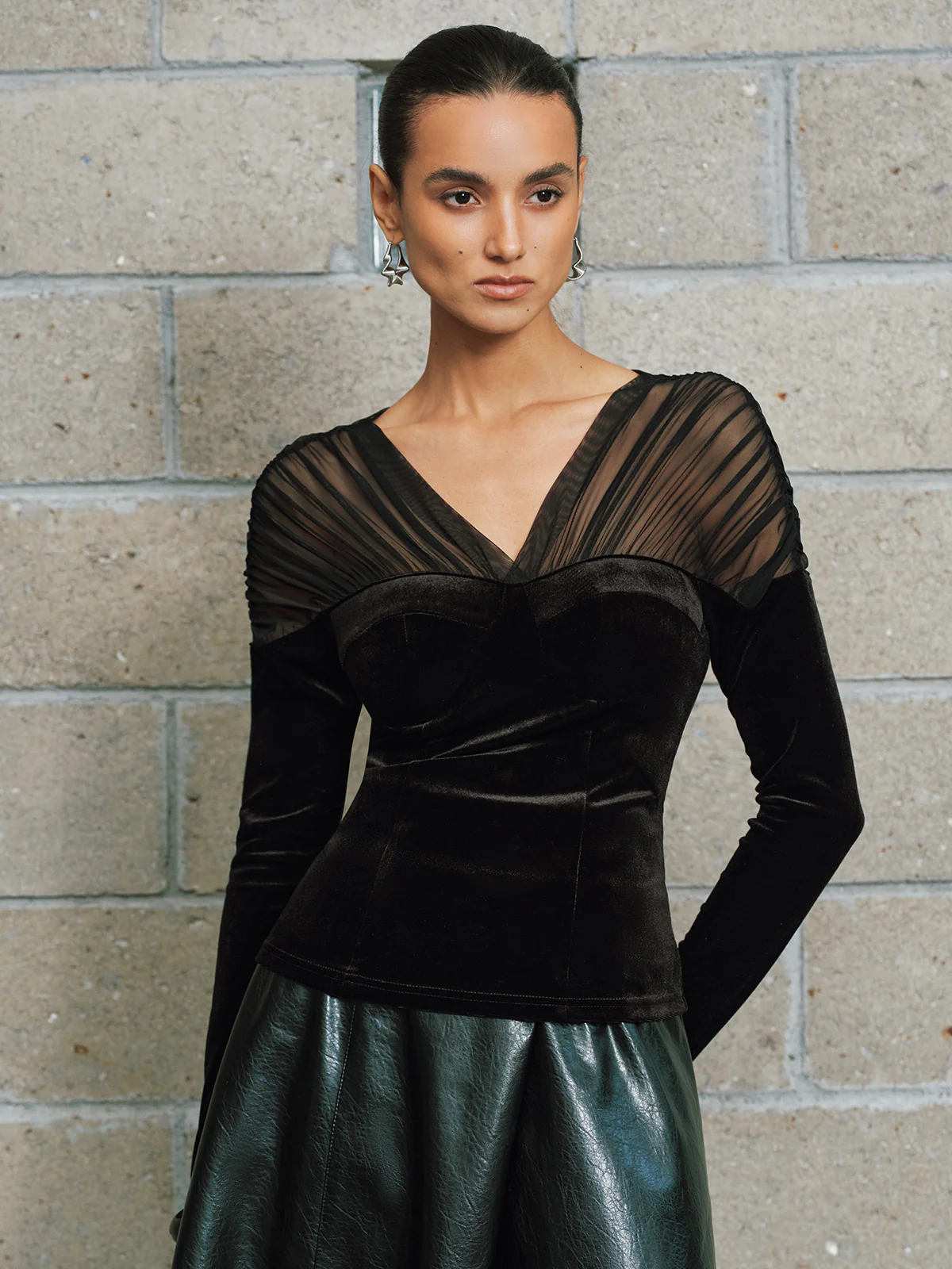 V-Neck Mesh Panel Velvet Blouse - Image 5