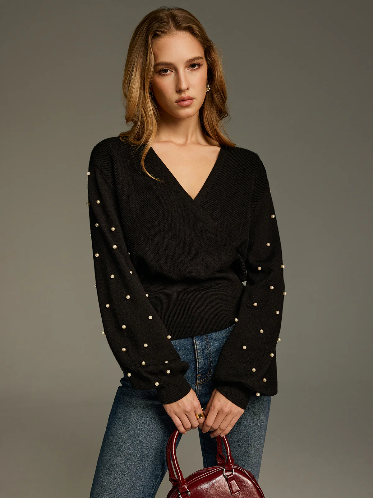 V-Neck Pearl Embellished Sweater - Image 3