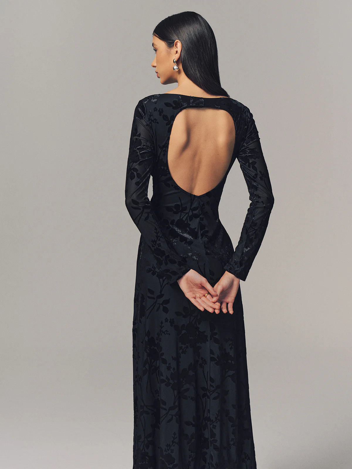 Velvet Floral Long Sleeve Backless Maxi Dress - Image 5