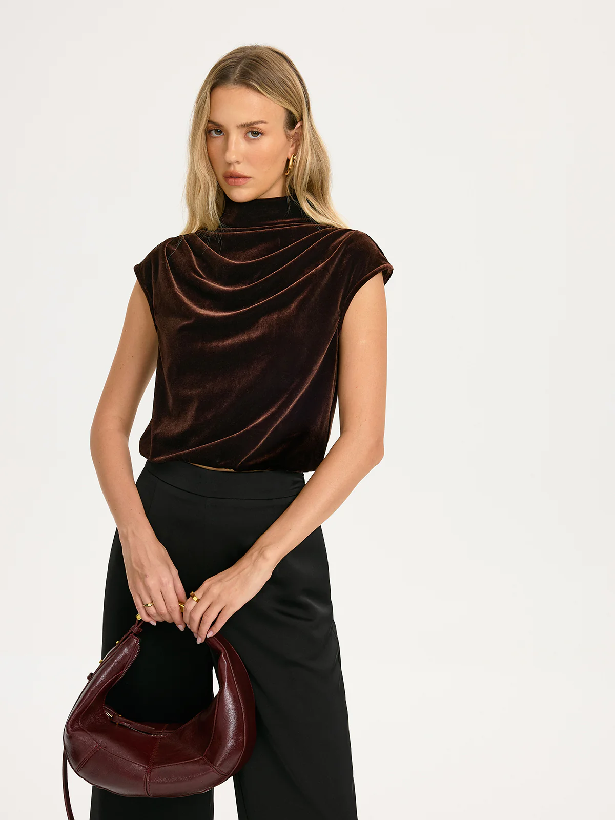 Velvet Mock-Neck Draped Cap-Sleeve Crop Top - Image 3