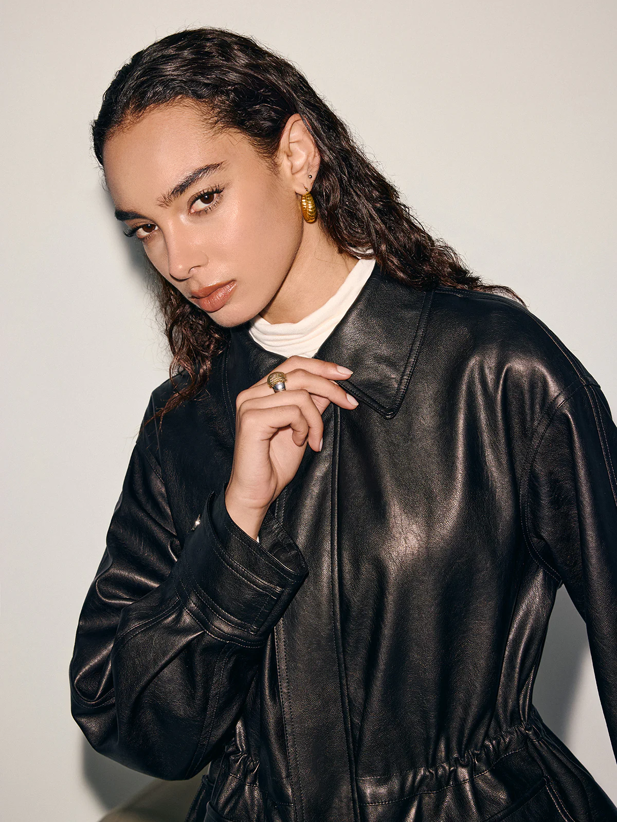 Waist-Cinched Faux Leather Overshirt Coat - Image 5