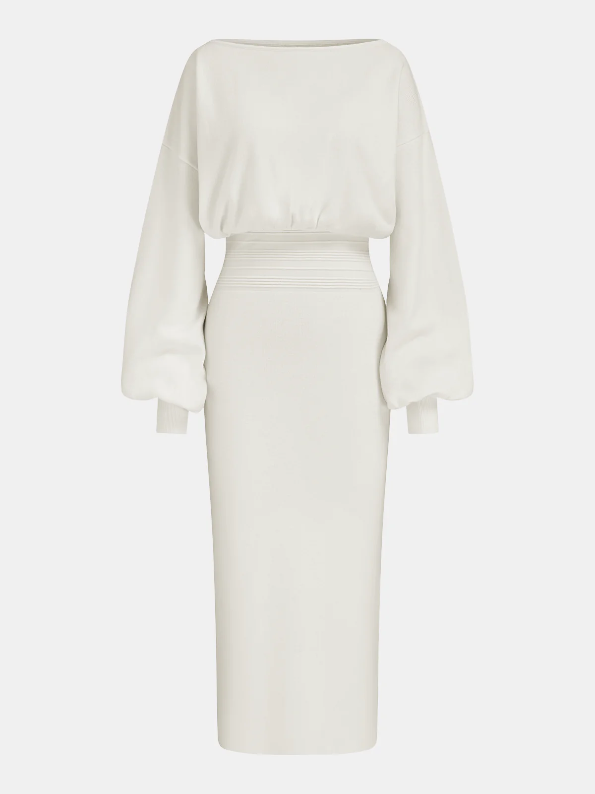 Waist-Defined Balloon-Sleeve Knit Midi Dress