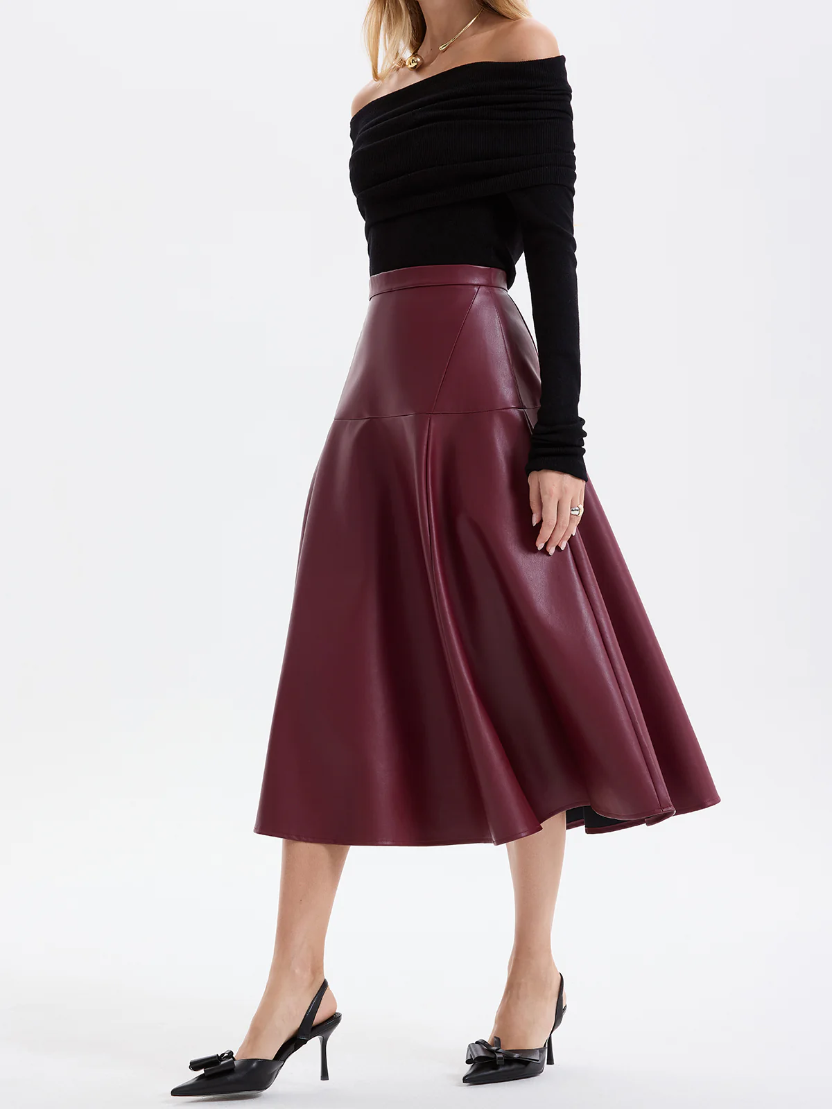 Wave Hem Faux Leather Midi Skirt
