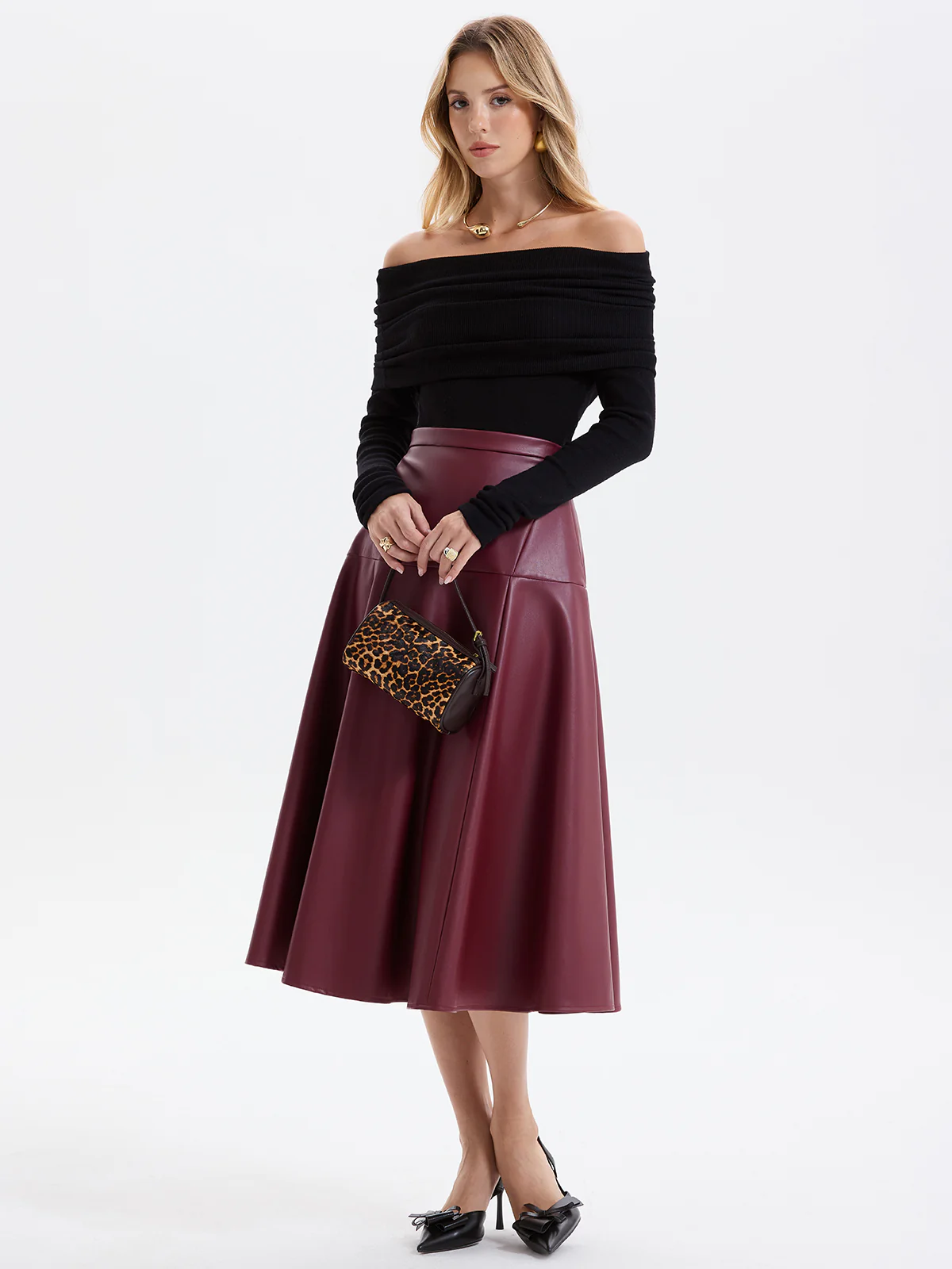 Wave Hem Faux Leather Midi Skirt - Image 2