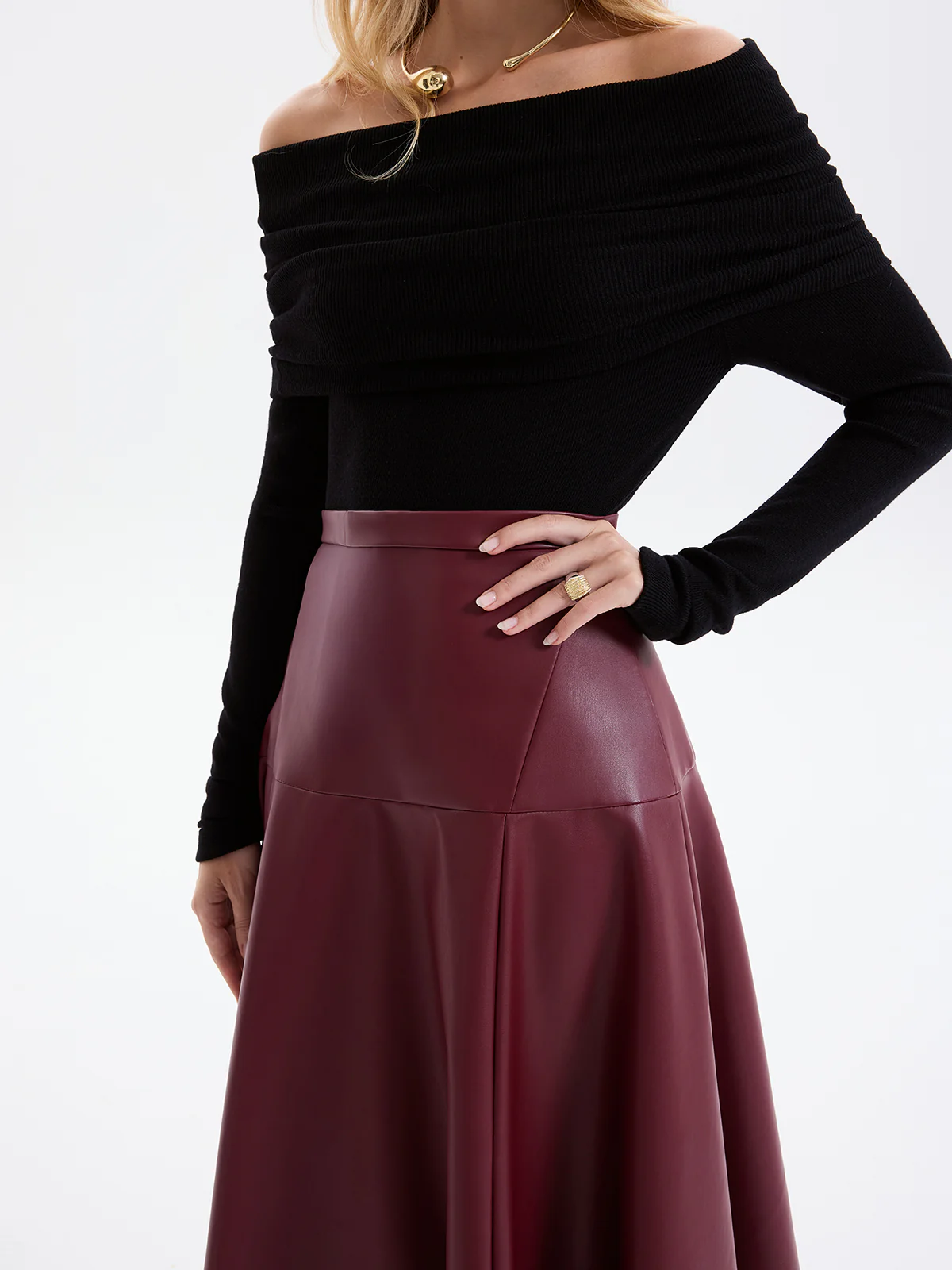 Wave Hem Faux Leather Midi Skirt - Image 5