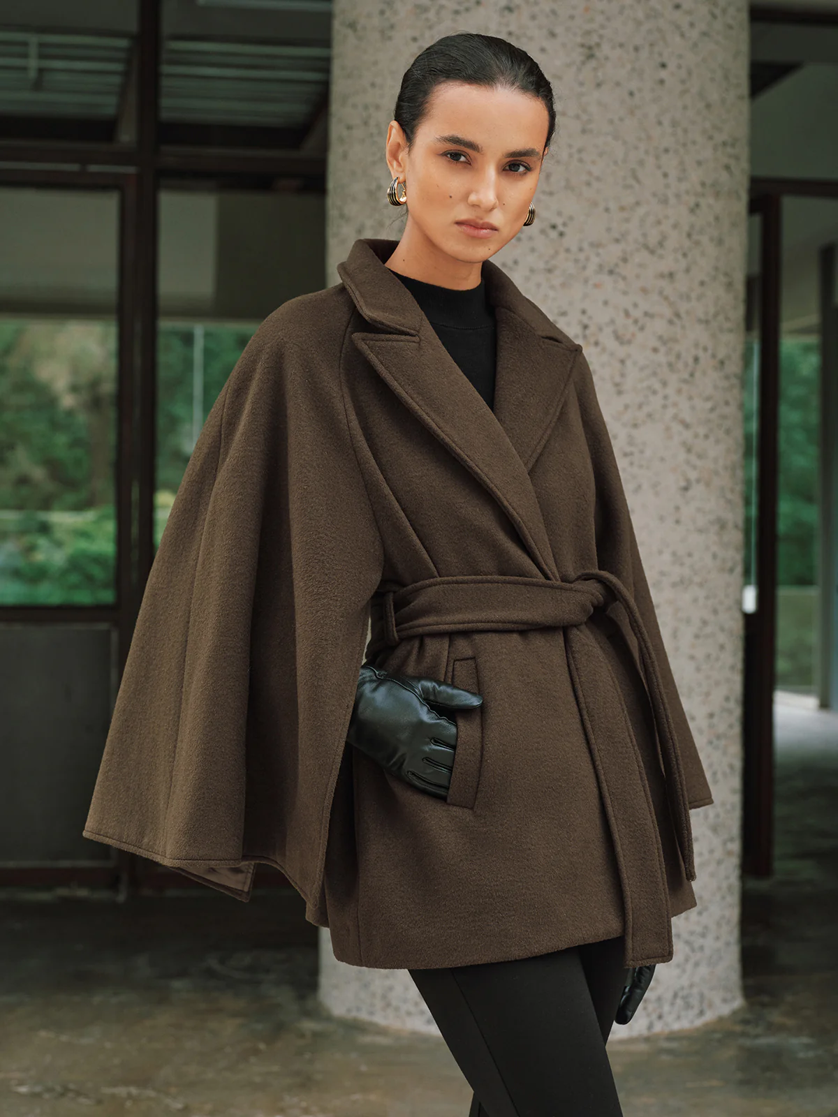 Wool-Blend Belted Capelet Coat - Image 3