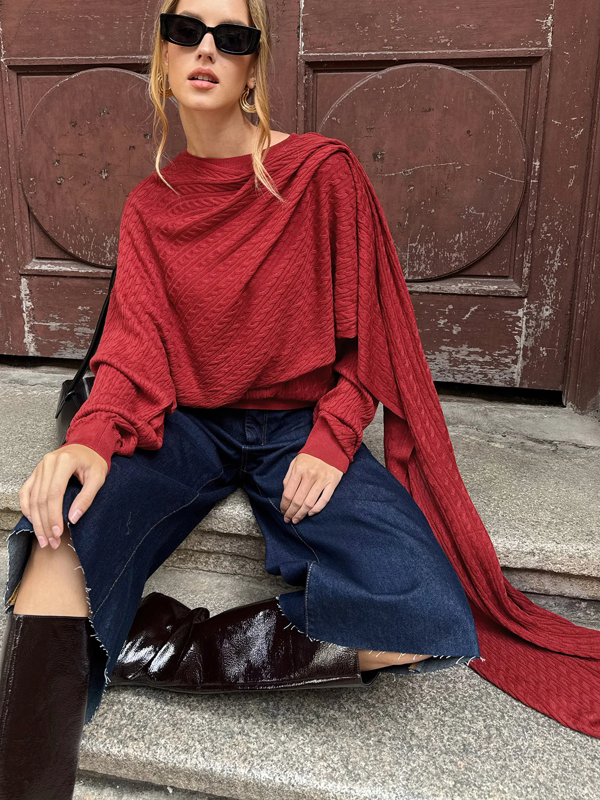 Wool Blend Cable Knit Draped Asymmetric Sweater - Image 3