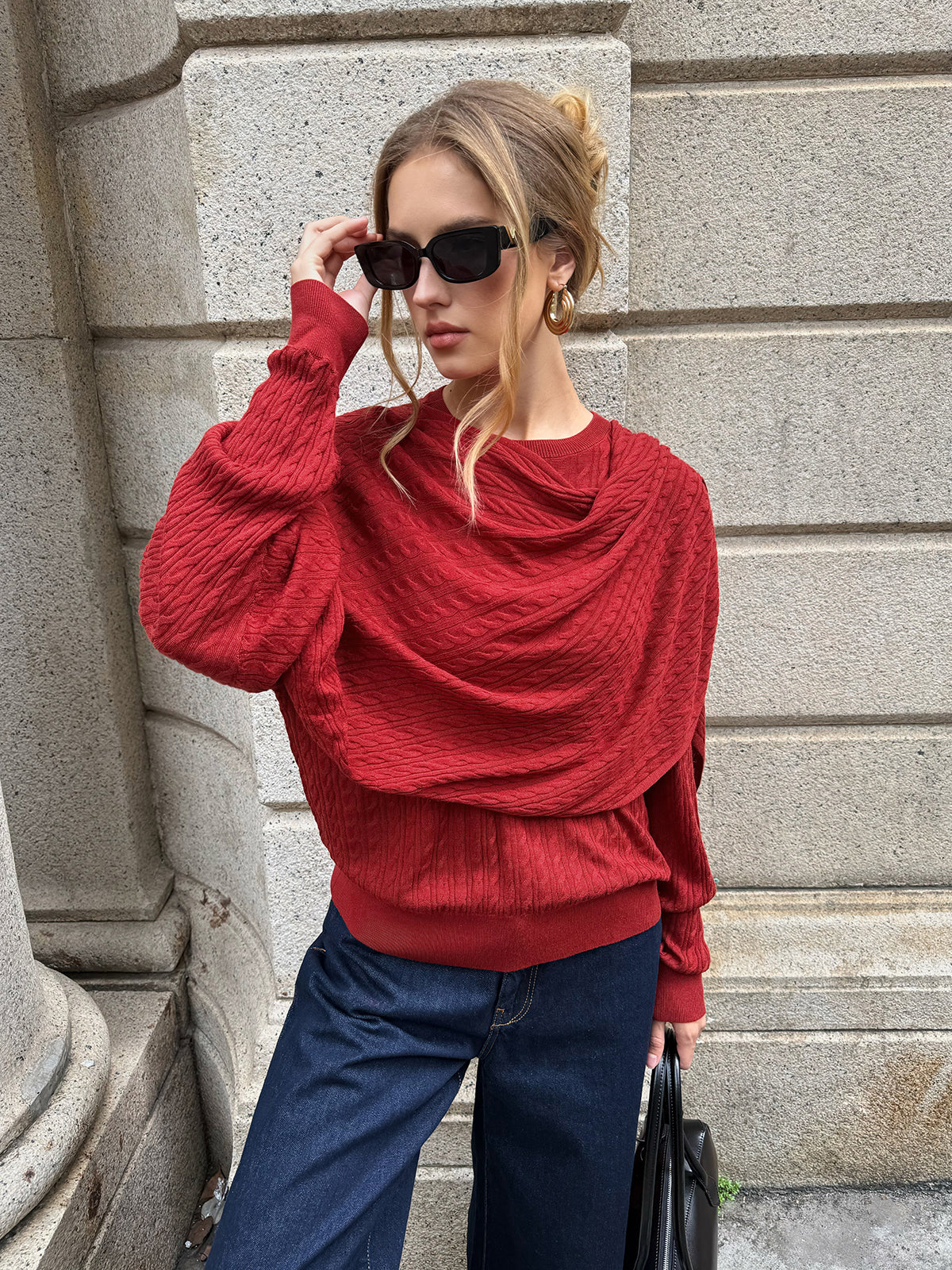 Wool Blend Cable Knit Draped Asymmetric Sweater - Image 5