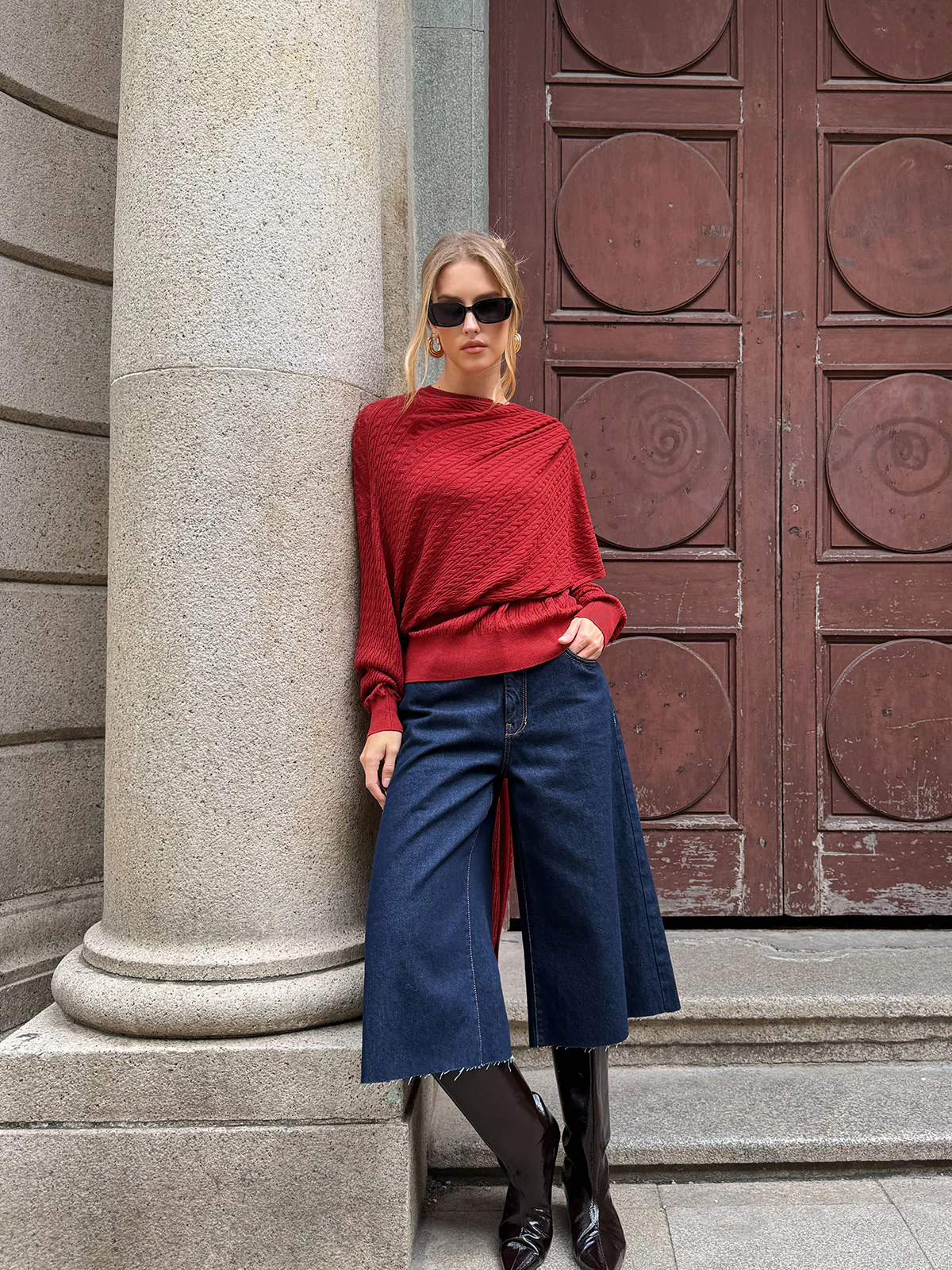 Wool Blend Cable Knit Draped Asymmetric Sweater - Image 6