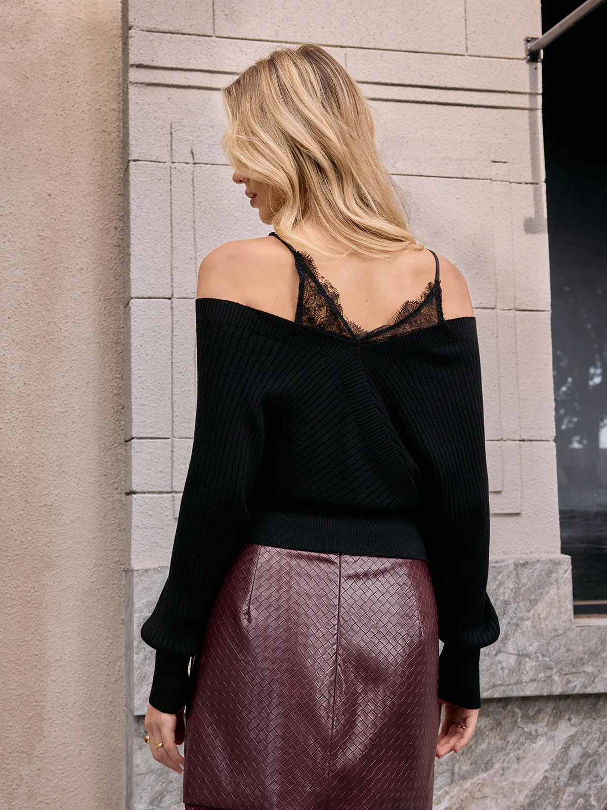 Wool-Blend Lace Panel Batwing-Sleeve Sweater - Image 6