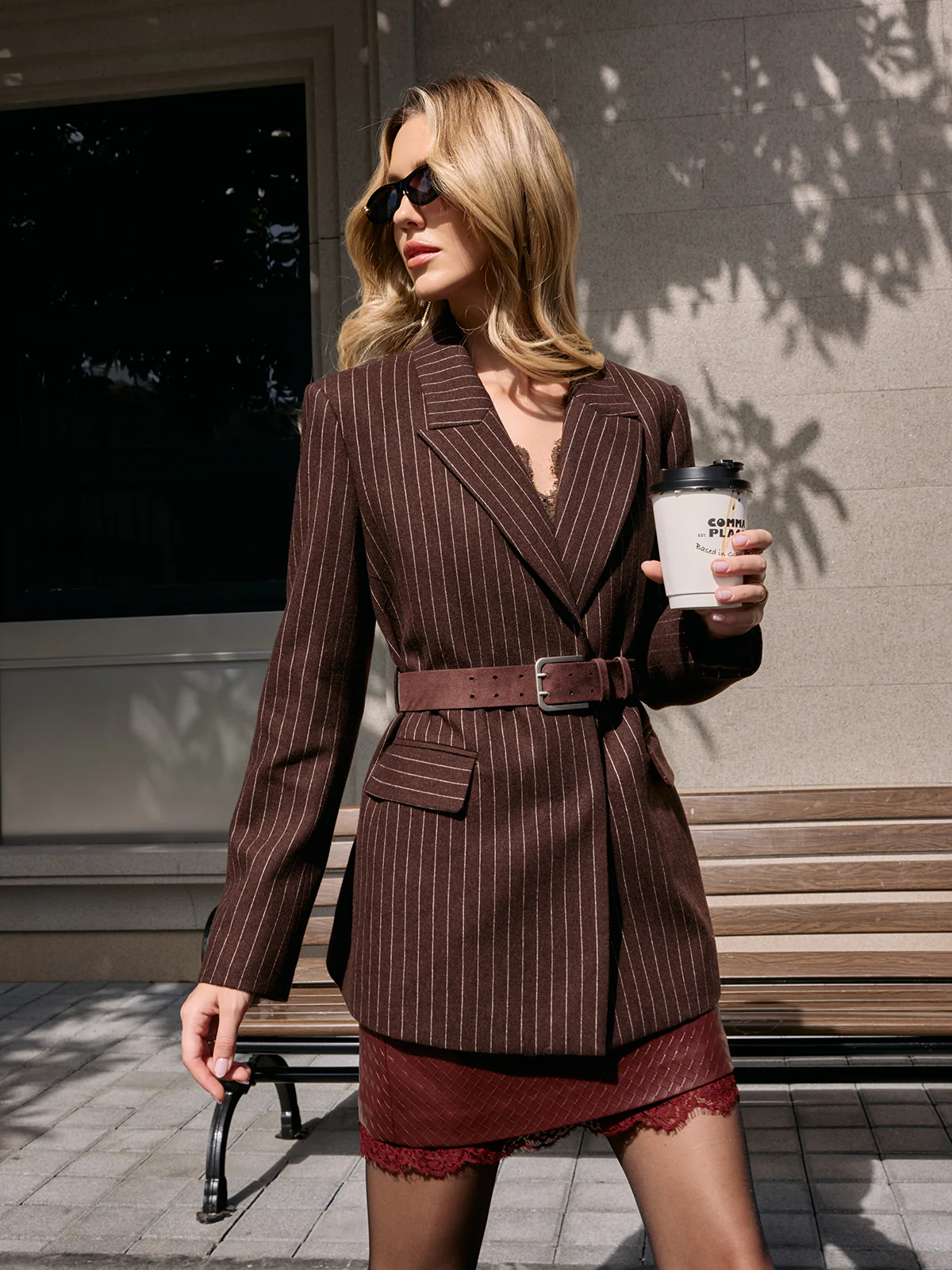 Wool Blend Pinstripe Belted Blazer