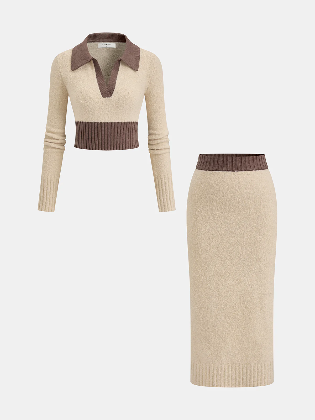 Wool-Blend Polo Knit Top & Midi Skirt Set