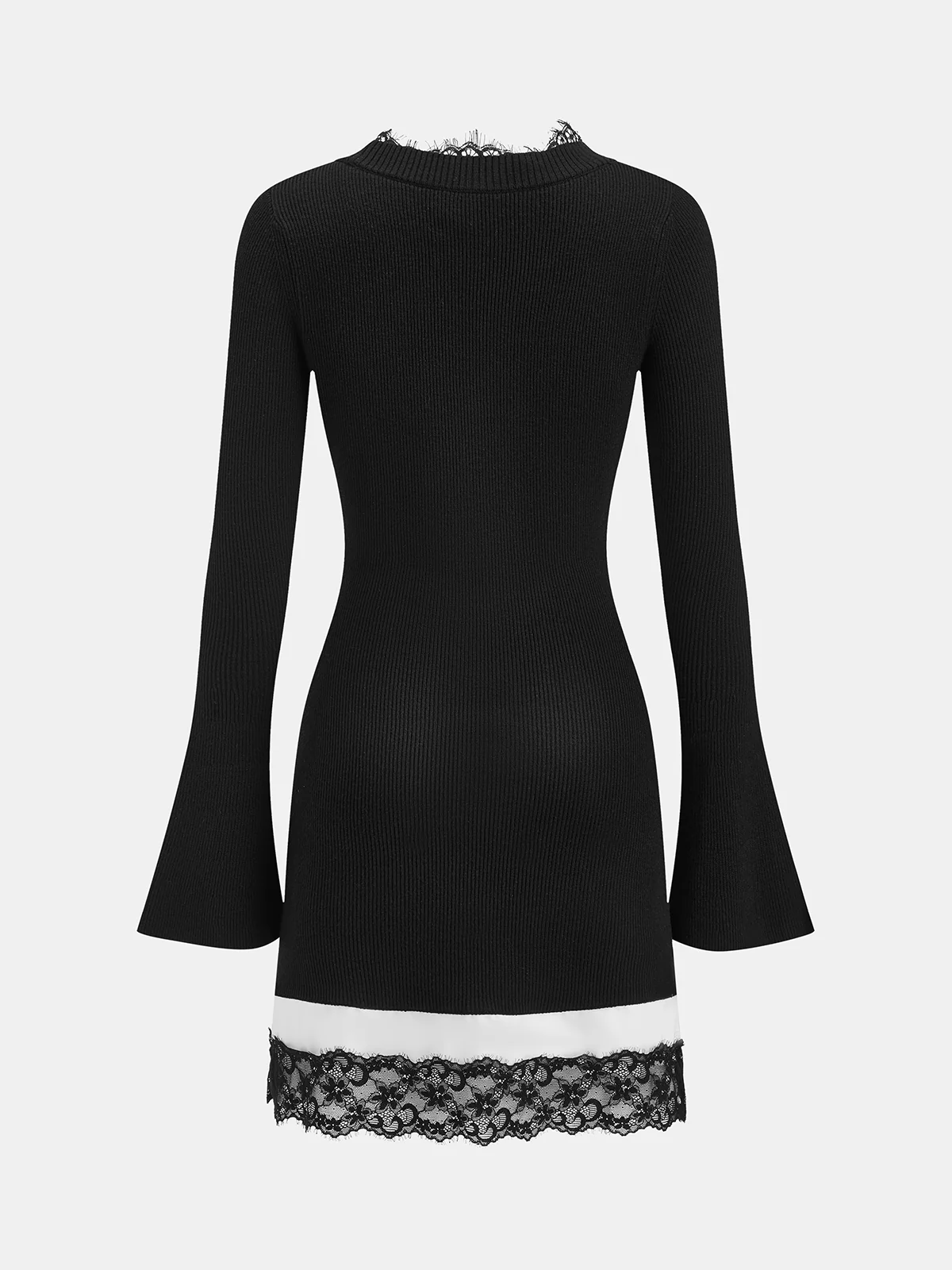 Wool Blend Ribbed Lace Trim Bell-Sleeve Mini Dress - Image 3