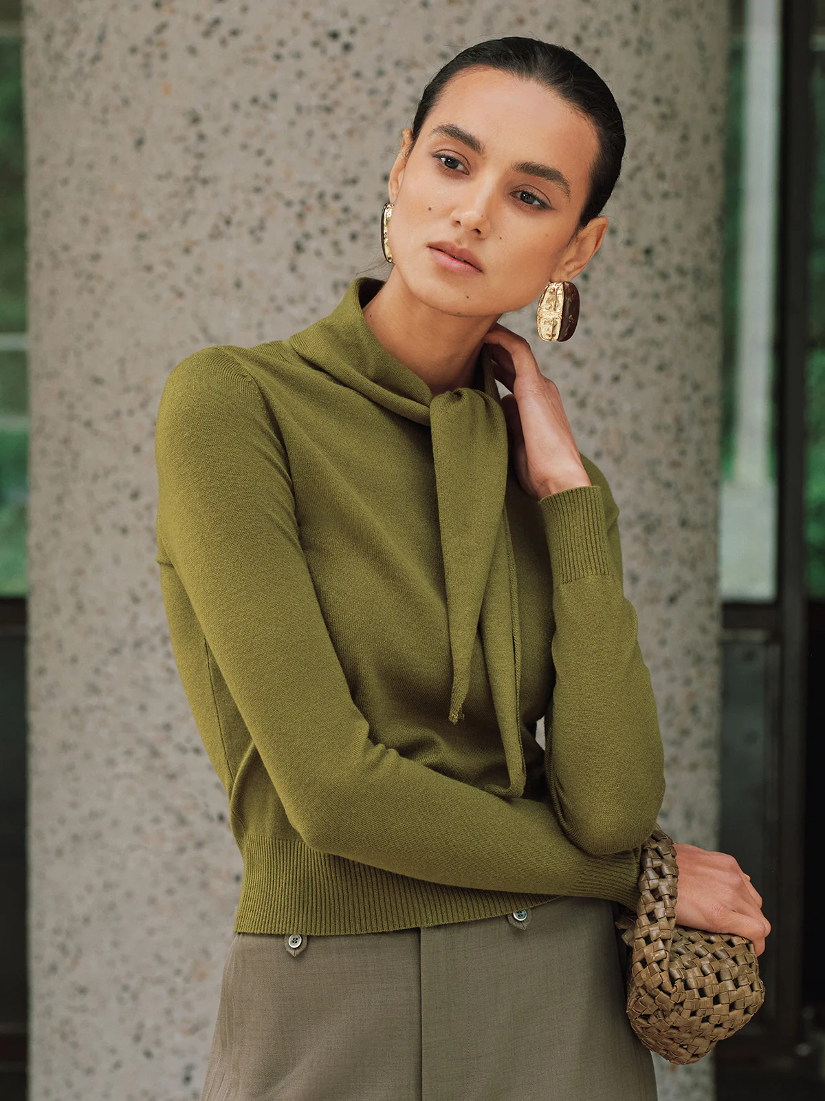 Wool-Blend Tie-Neck Fitted Knit Top - Image 3