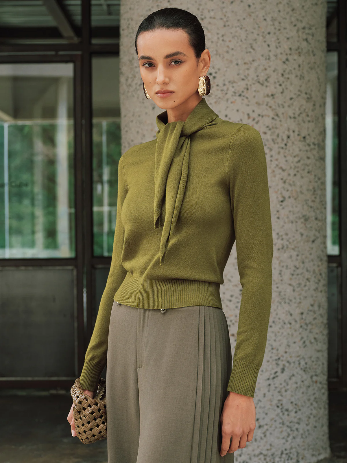 Wool-Blend Tie-Neck Fitted Knit Top - Image 5