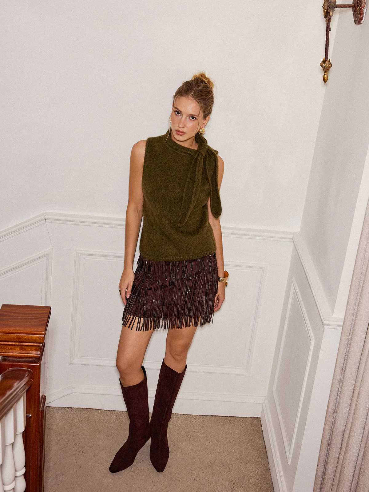Wool Blend Tie Neck Sleeveless Sweater Vest - Image 3