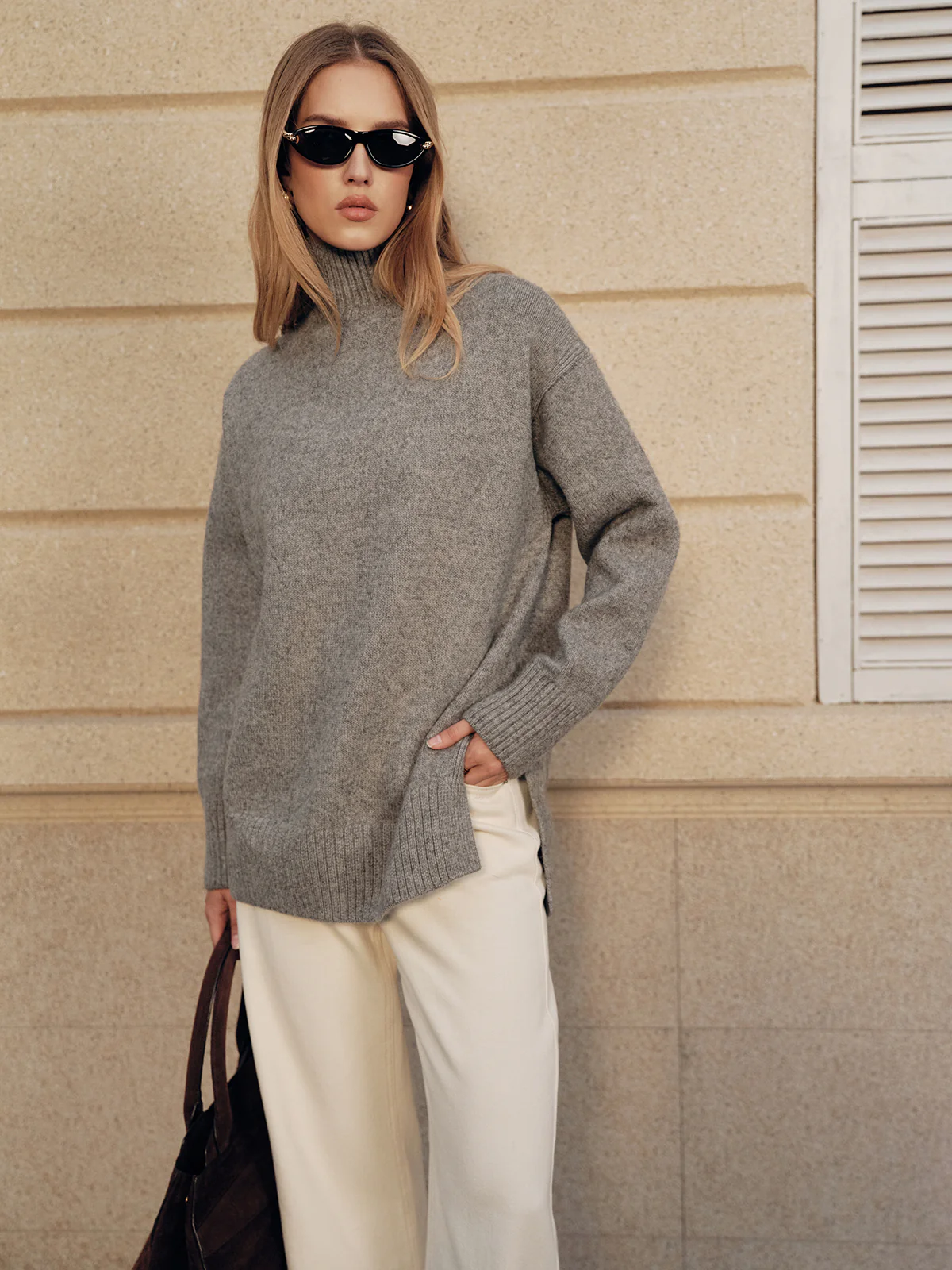 Wool Blend Turtleneck Side Slit Sweater - Image 3