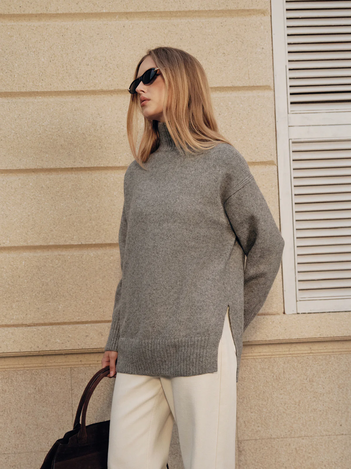 Wool Blend Turtleneck Side Slit Sweater - Image 5